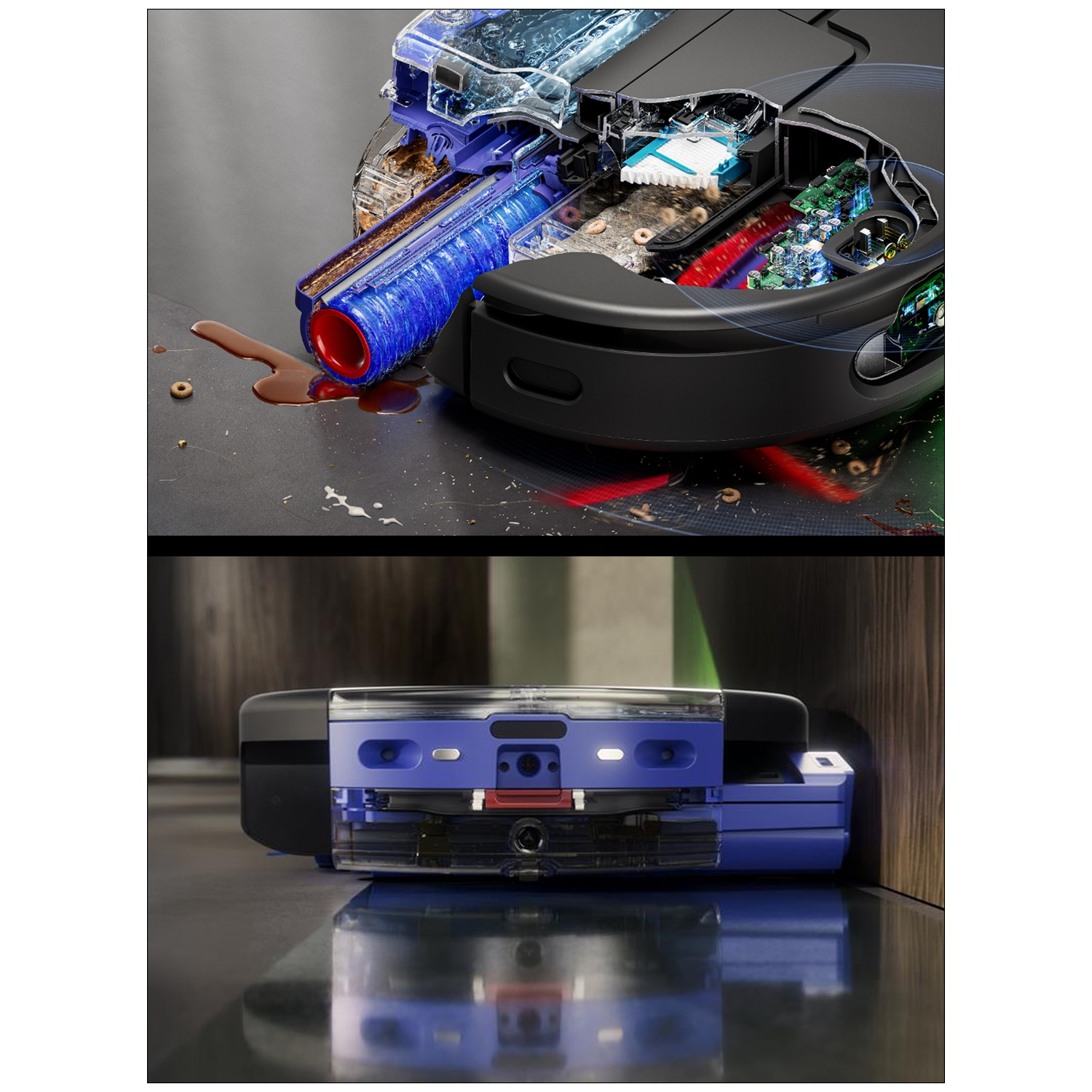 Robot vacuum with cutaway showing internal components. Blue brush, black body, and brown spilled liquid. Another view, at a wall.
