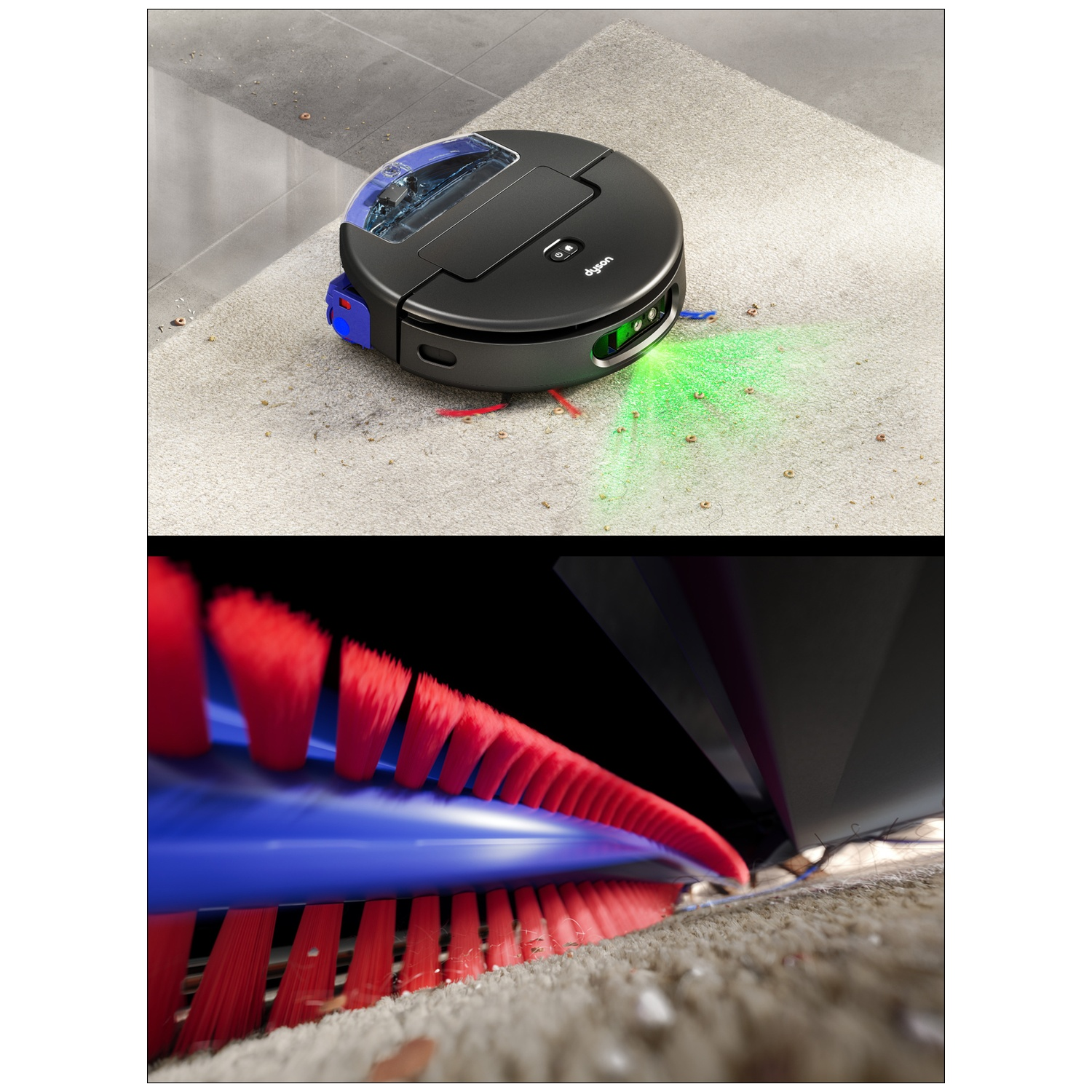 A black Dyson robot vacuum on a carpet. The bottom image shows close-up of the red and blue brush.