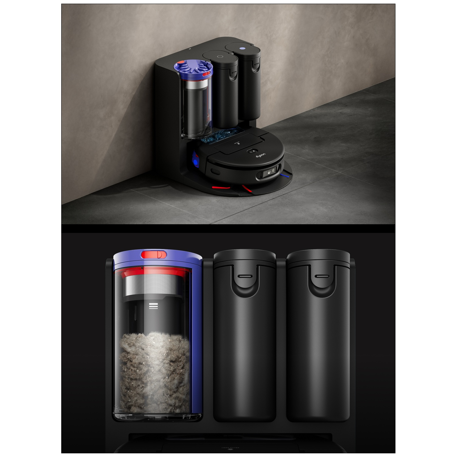 A black robotic vacuum cleaner with a docking station. The vacuum has a dustbin filled with debris. The station has containers.