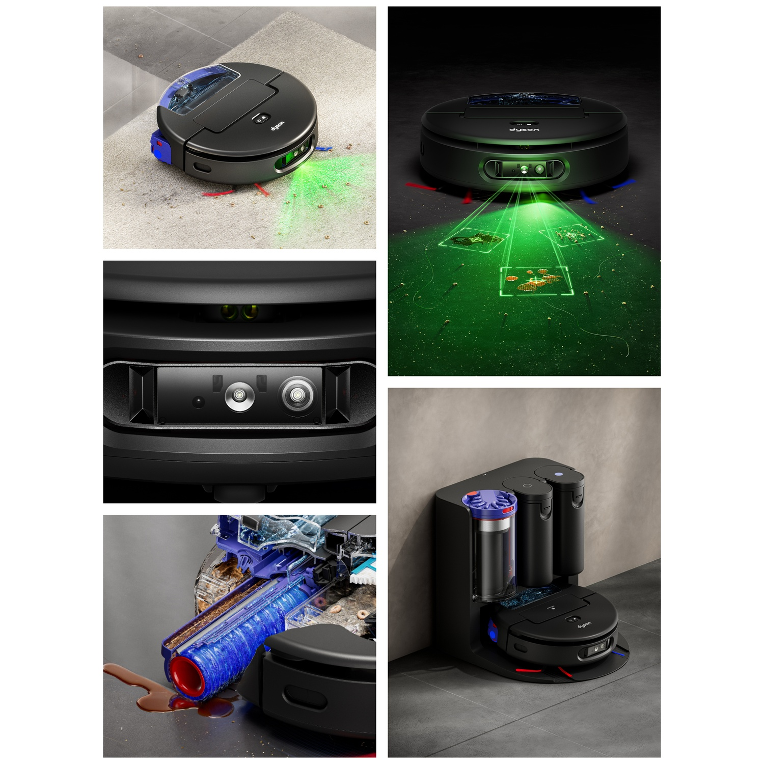 A black Dyson robot vacuum cleaner. It is on a carpet. It is using a green laser to scan the room. The vacuum cleaner has a blue detail.