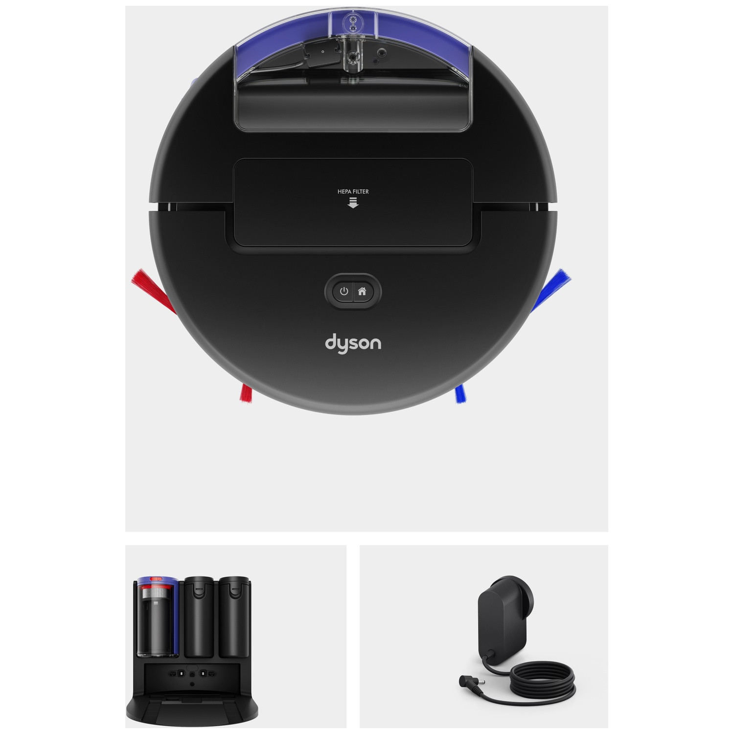 Black Dyson robot vacuum cleaner with blue and red brushes. Charging station and power adapter also shown.