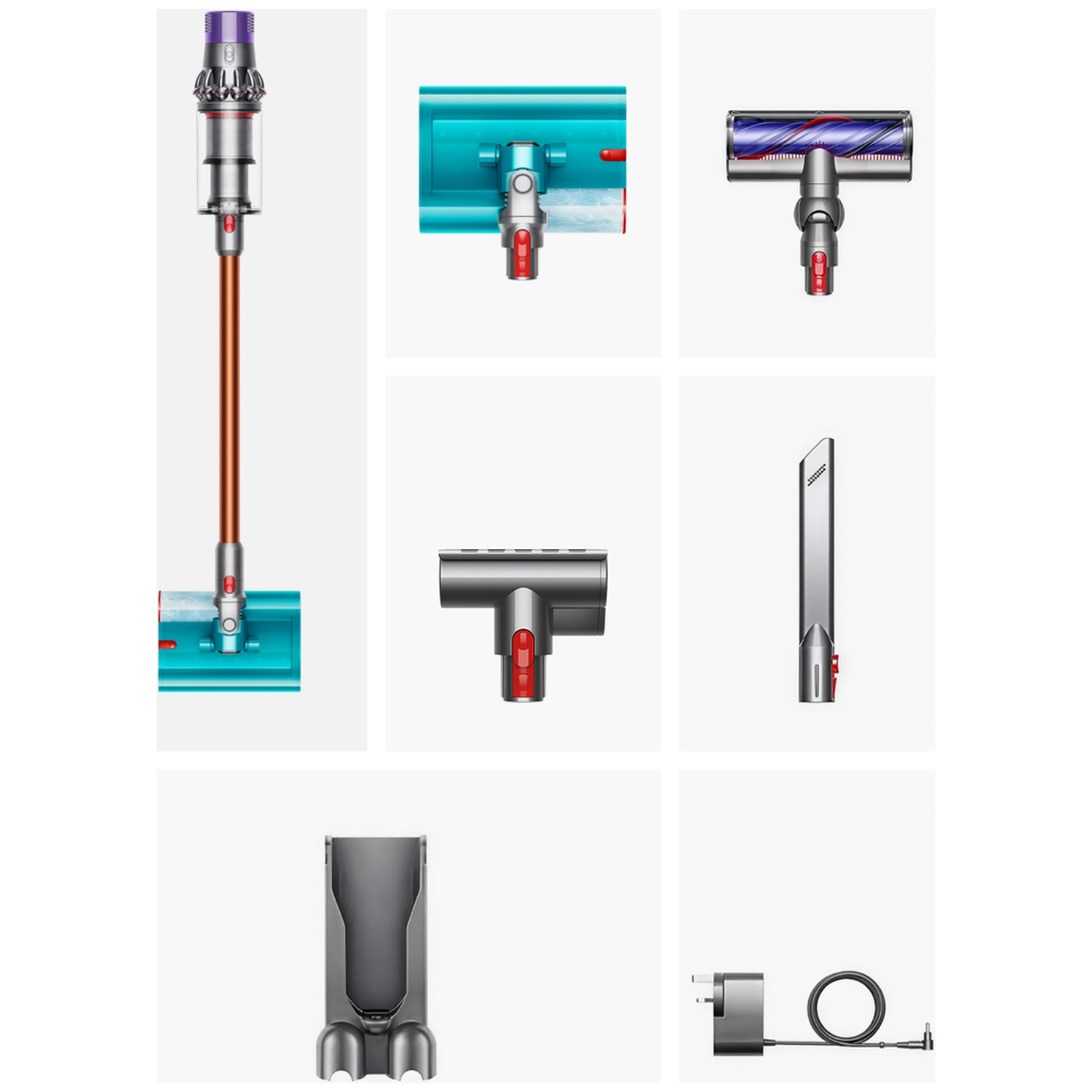 Diverses pièces d'un aspirateur Dyson sont affichées sur fond blanc. Comprend l'unité principale, les accessoires et le chargeur.