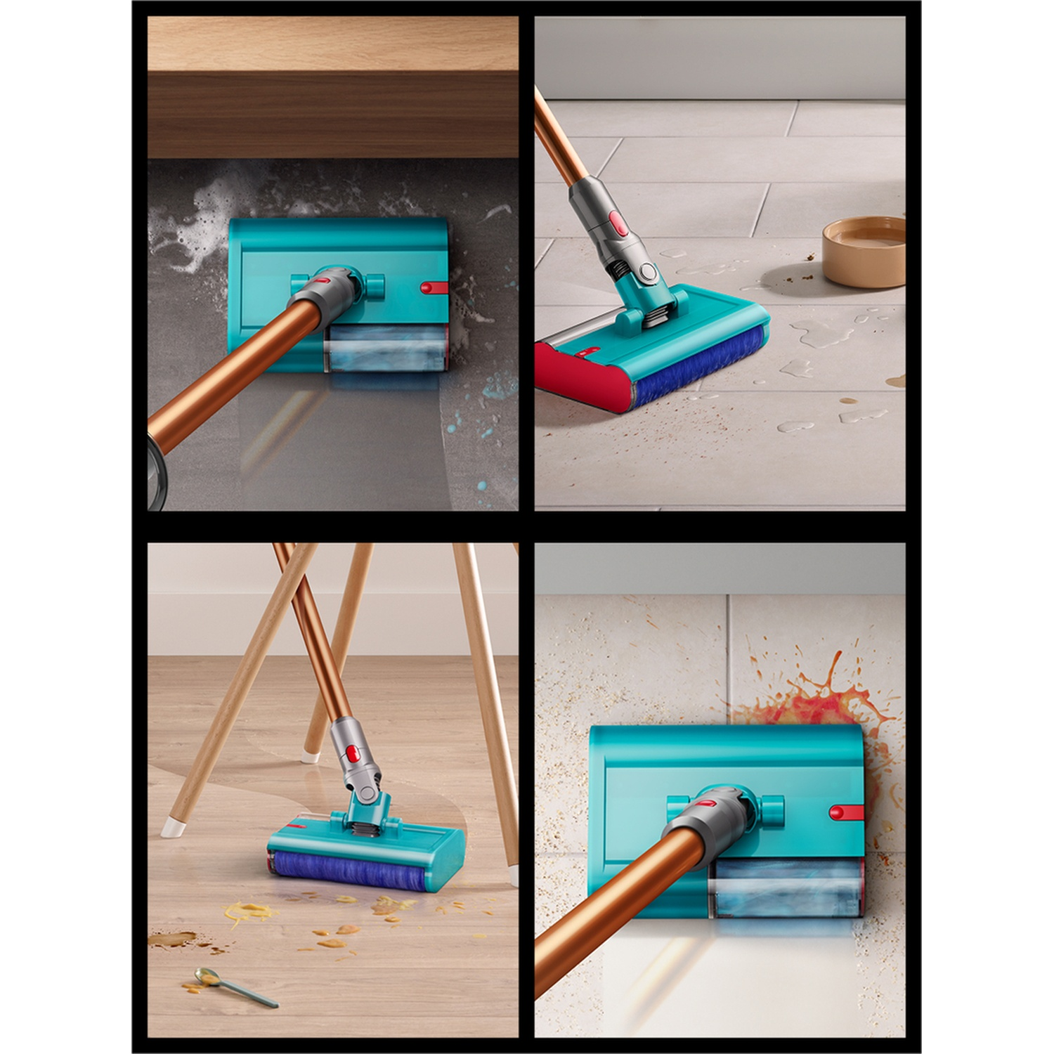 Image en quatre panneaux. Chacun montre un outil de nettoyage Dyson sur différentes surfaces avec des déversements. Les couleurs incluent le turquoise, le cuivre, le rouge et le bleu.