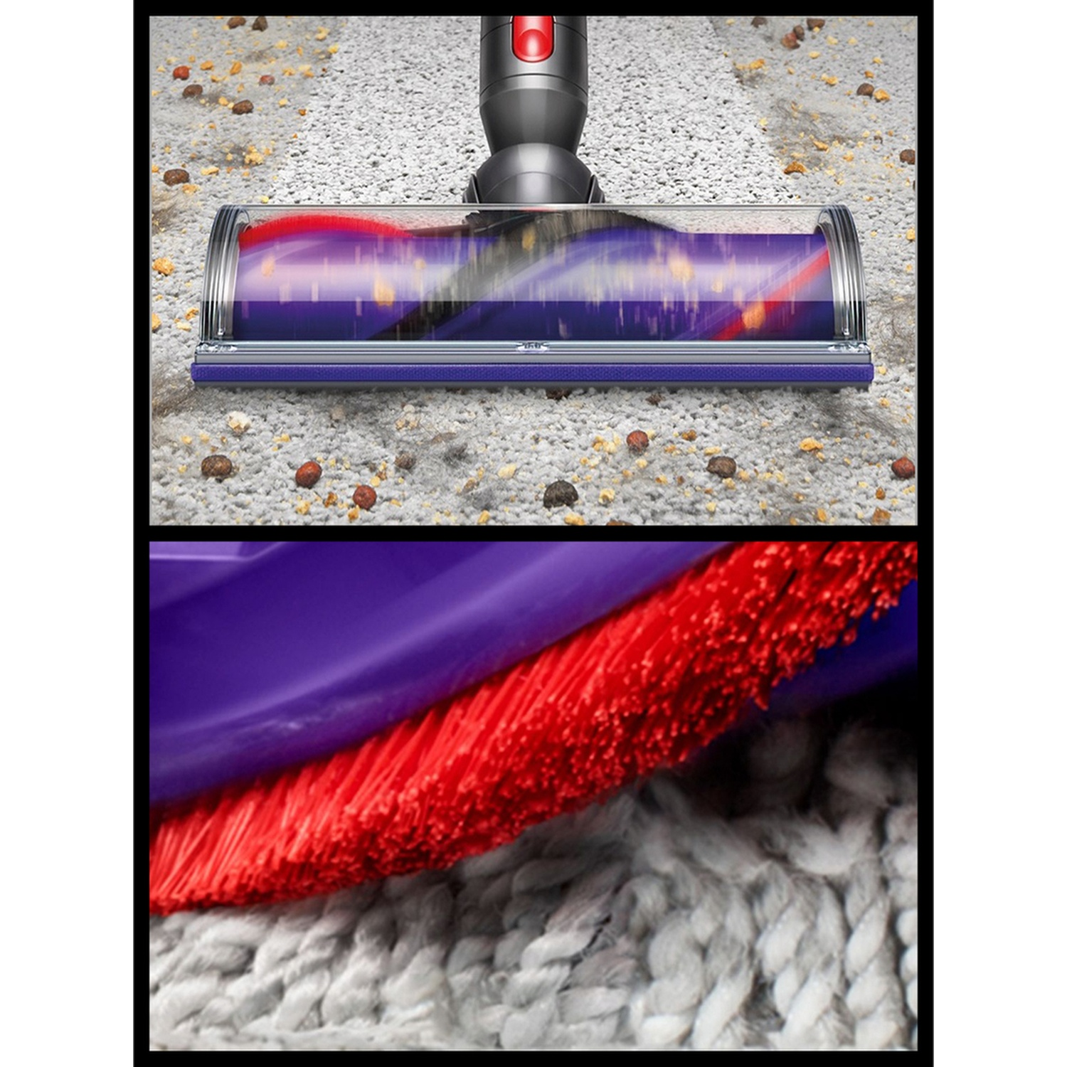 Une tête d'aspirateur sur un tapis, avec des gros plans de la brosse et des débris. Les couleurs incluent le rouge, le violet et le gris.