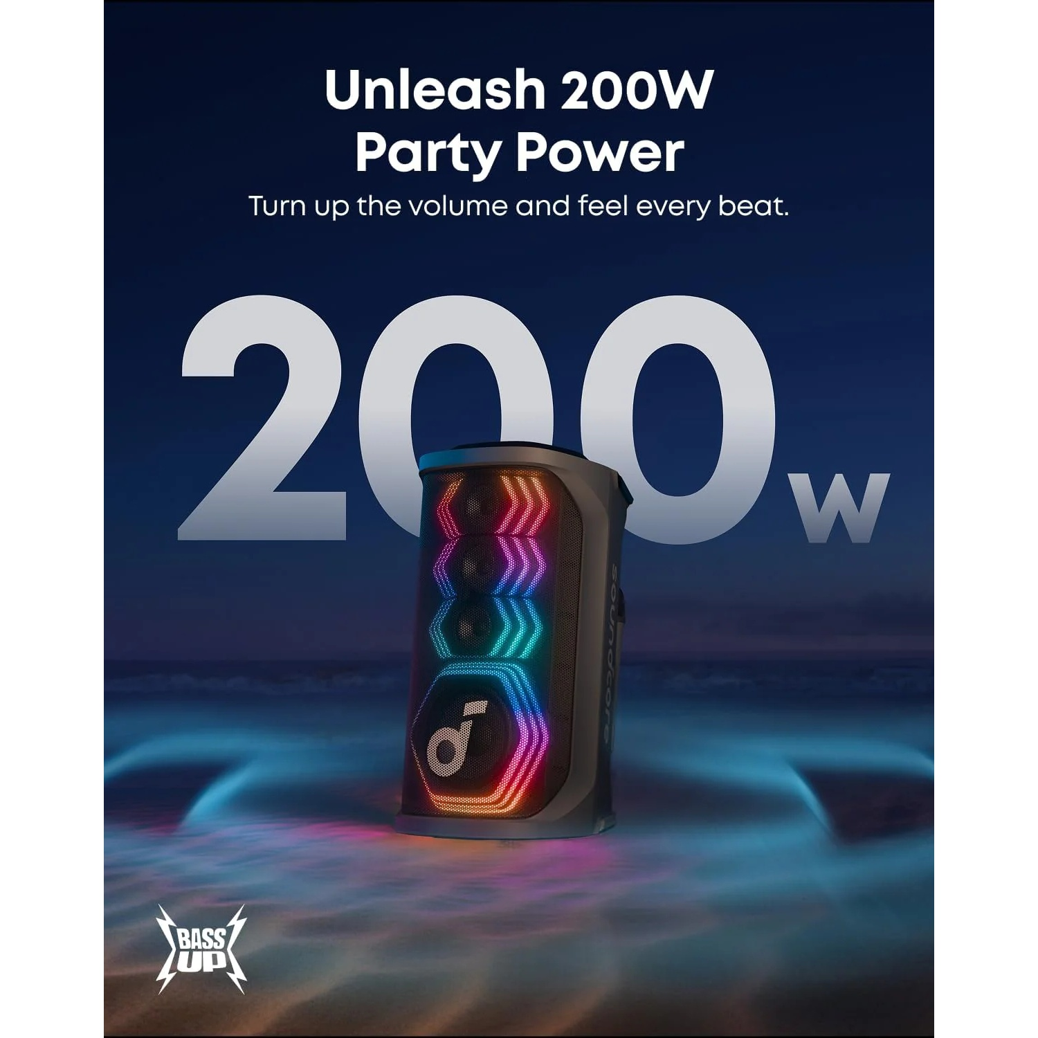 Een zwarte luidspreker met kleurrijke lichten voor een blauwe achtergrond met golven. Tekst: 'Unleash 200W Party Power'.