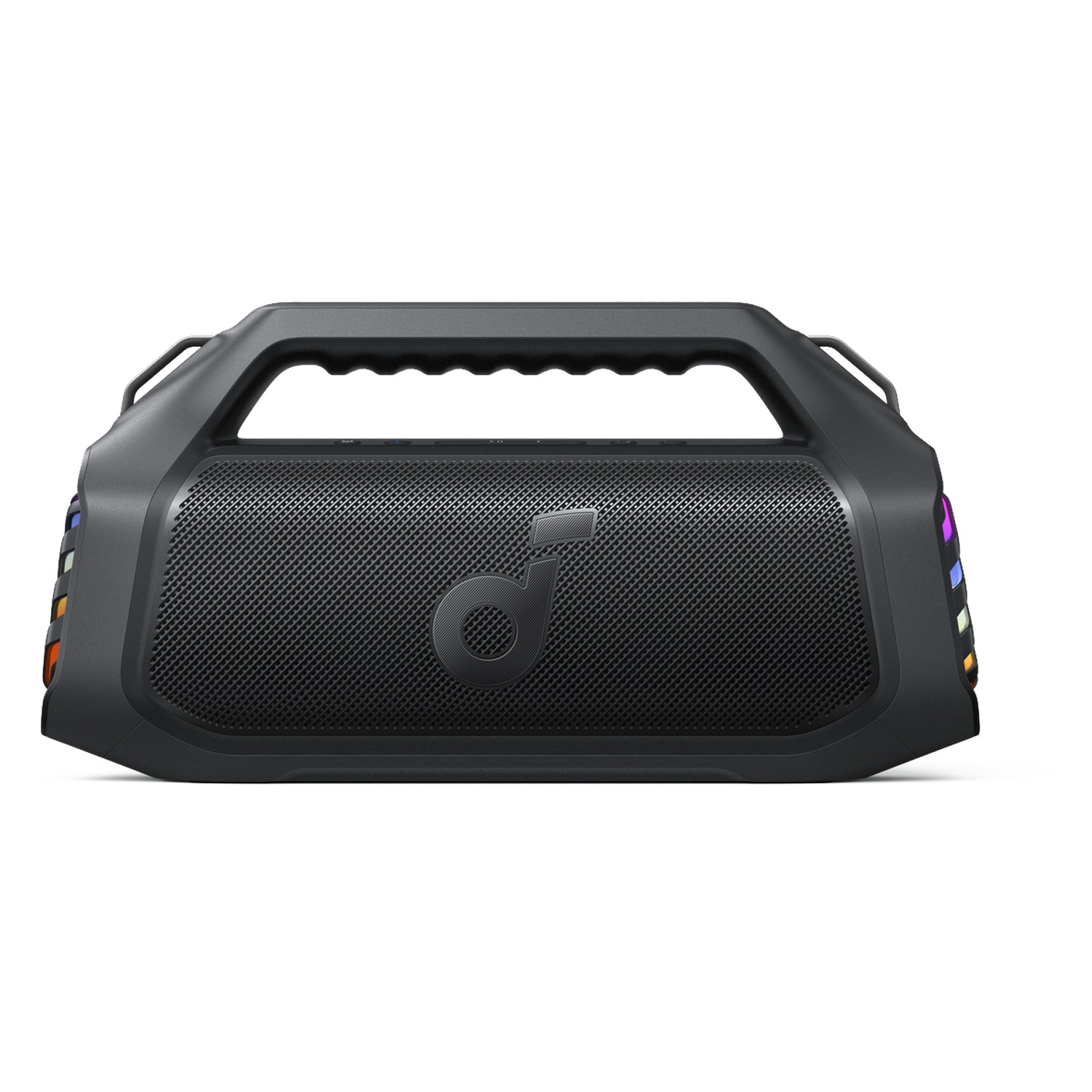 Zwarte Anker soundbox met een handvat. De voorkant heeft een luidsprekermesh met het Anker-logo. LED-lampjes aan de zijkanten.