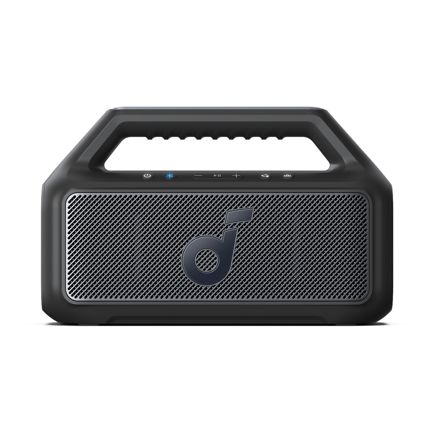 Black Anker Bluetooth speaker with a handle. Has a mesh front, control buttons and an Anker logo. Sits on a white surface.