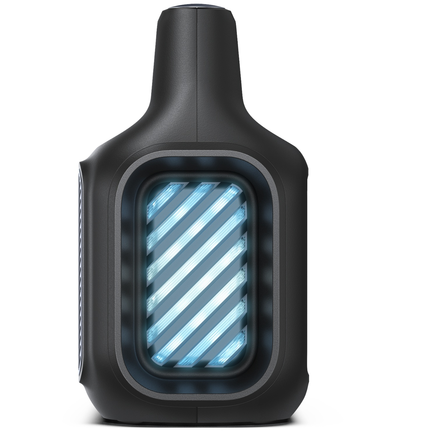 Black electronic device with a glowing blue screen showing diagonal stripes. It is on a white background. 