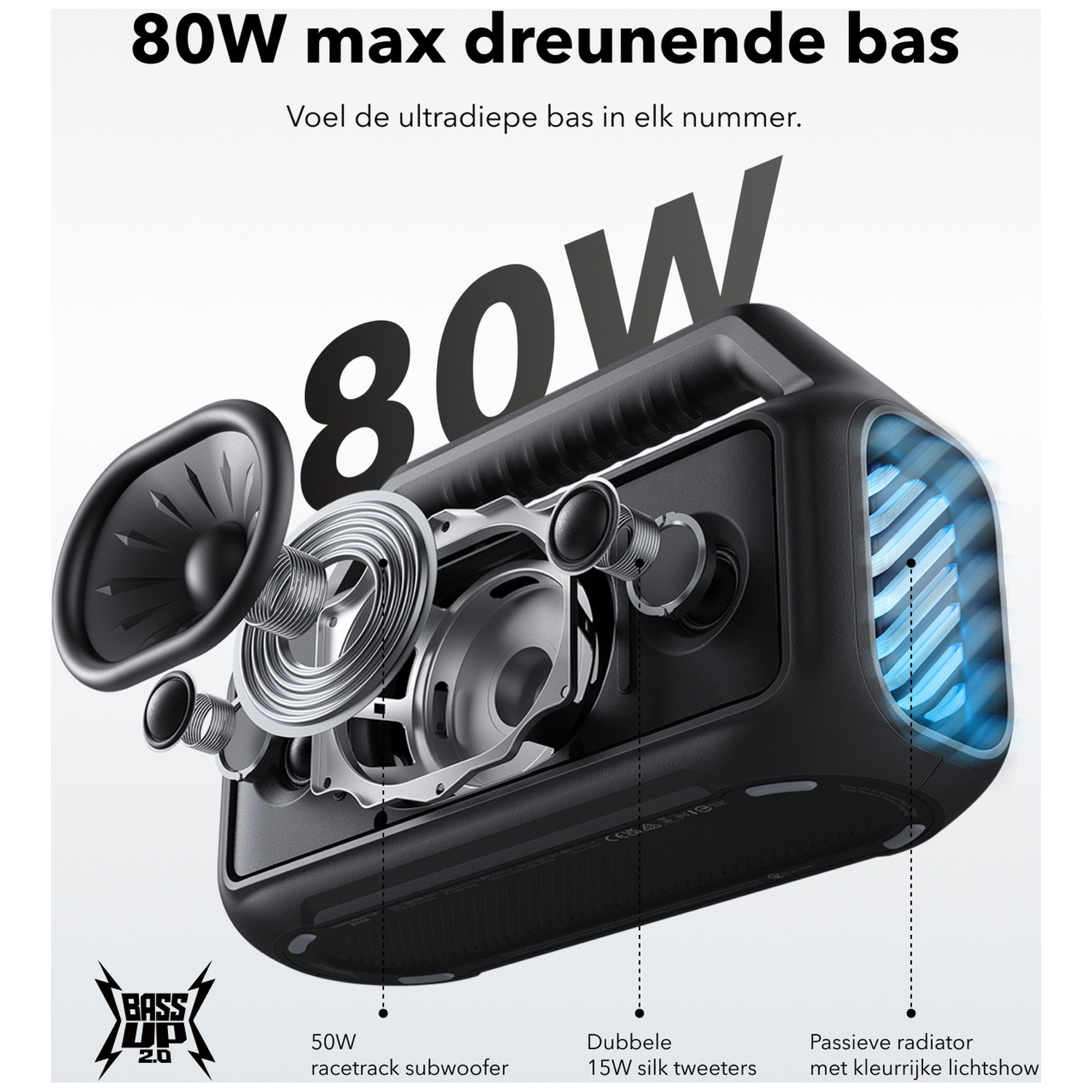 Black speaker with exploded view. Details include 80W, 50W racetrack subwoofer, double 15W silk tweeters, and passive radiator.
