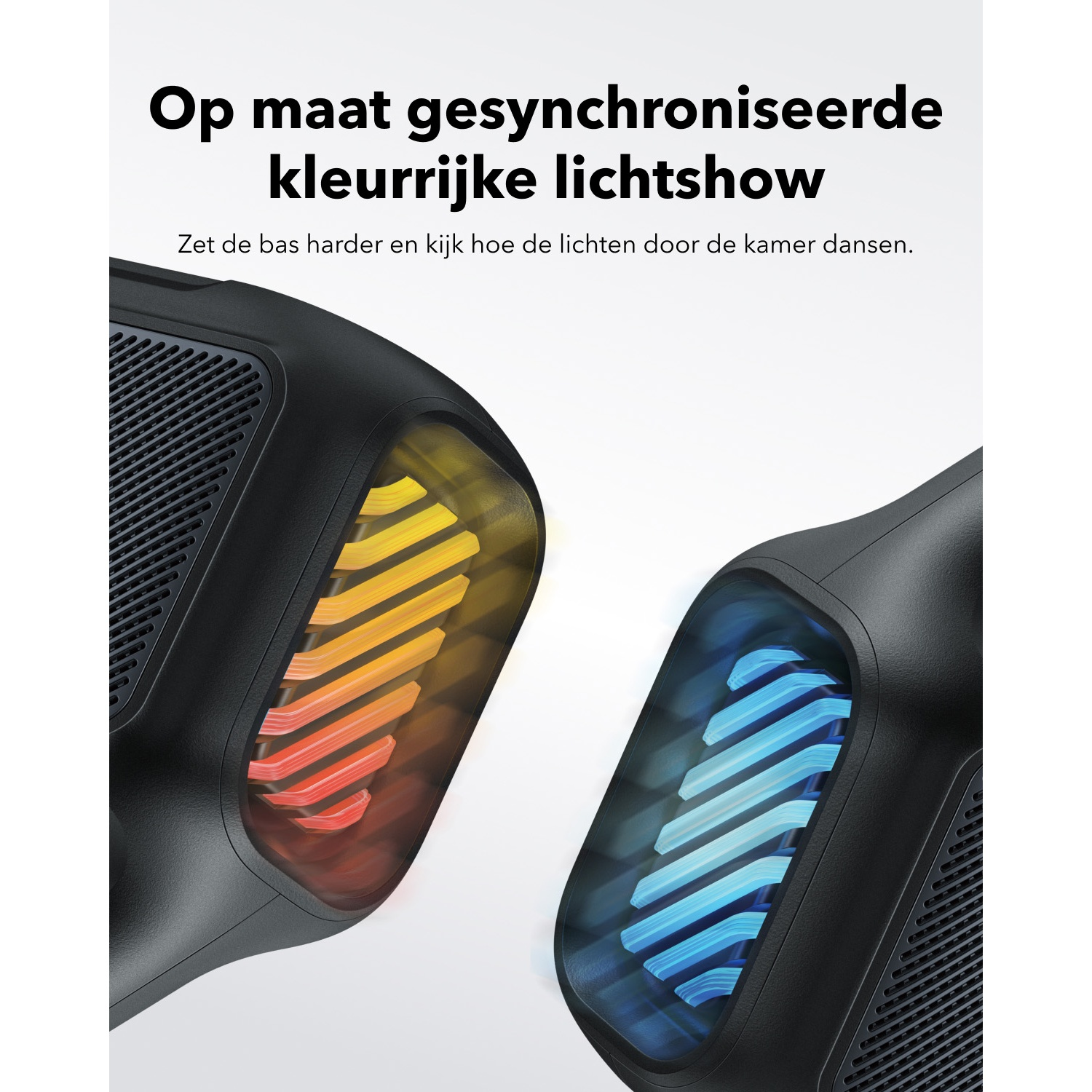 Two black devices with internal lights. One glows orange, the other blue, in a dark setting. Text in Dutch at the top.
