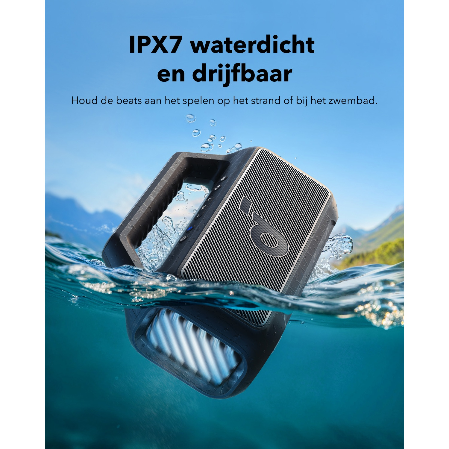 A black and gray speaker floats in water, with text above. The speaker has a handle and is partially submerged.