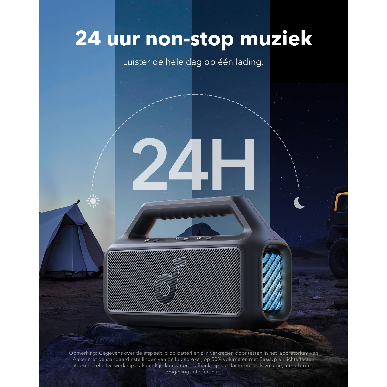 A speaker with a handle, next to a tent and a car. The text says '24 uur non-stop muziek'.