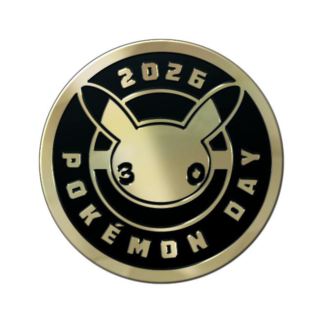Goldmünze mit schwarzem Rand. Pikachu-Gesicht in der Mitte, Aufschrift 'Pokemon Day 2026'.