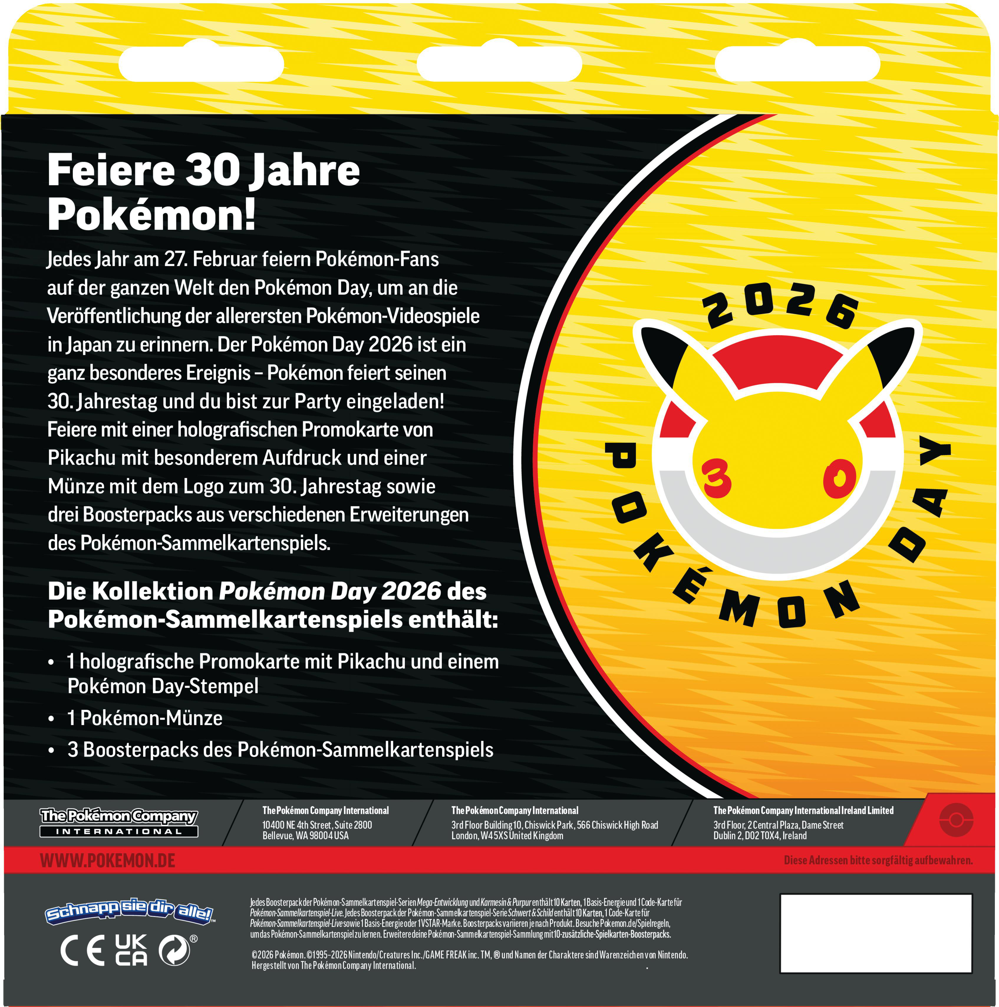 Karton mit Pokémon-Logo. Enthält Text auf Deutsch, ein Pikachu-Bild und das Jahr 2026.