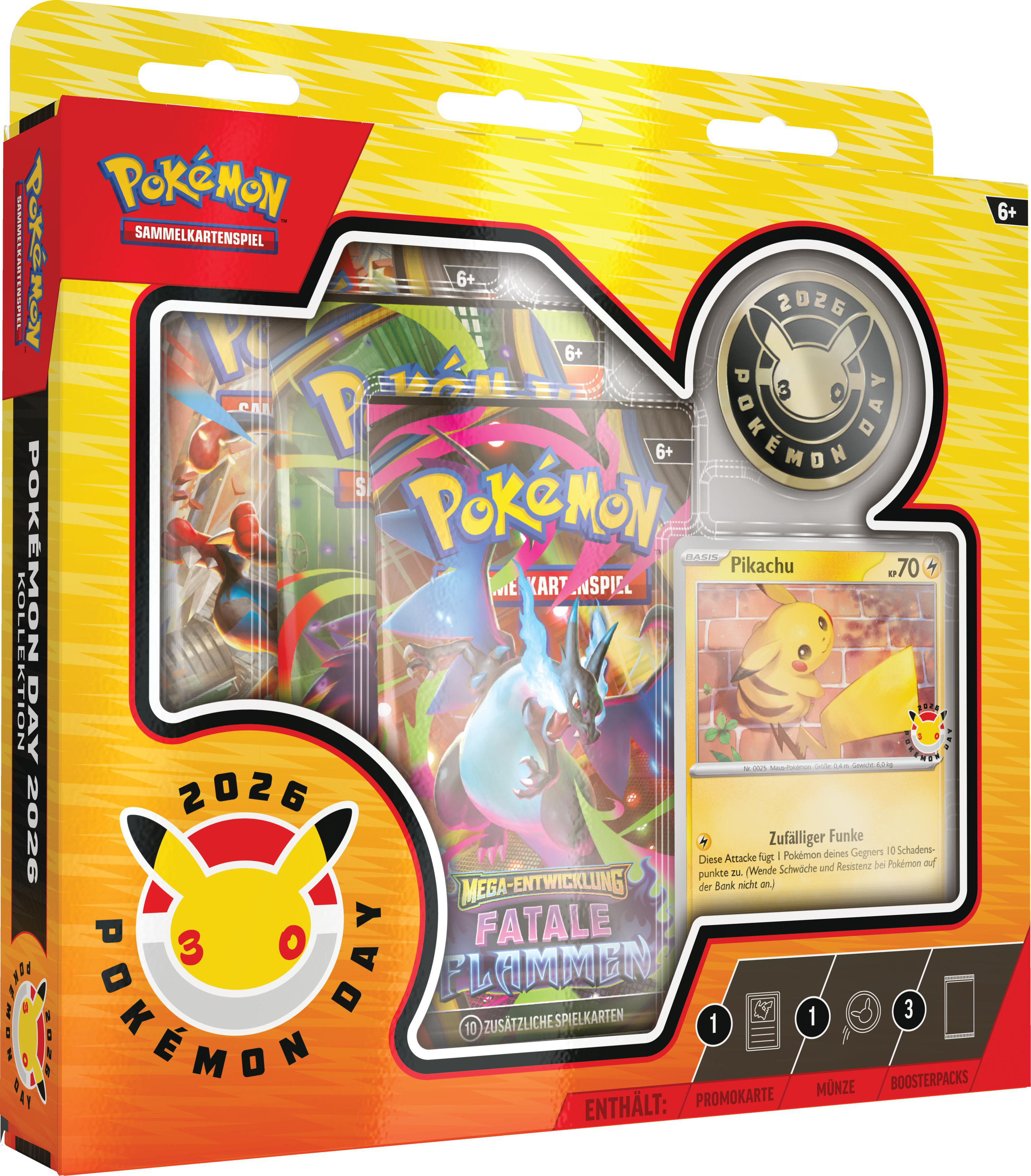 Pokémon Day 2026 Box-Set. Enthält Kartenpacks, Münze und Pikachu-Karte. Gelb und Rot dominieren.