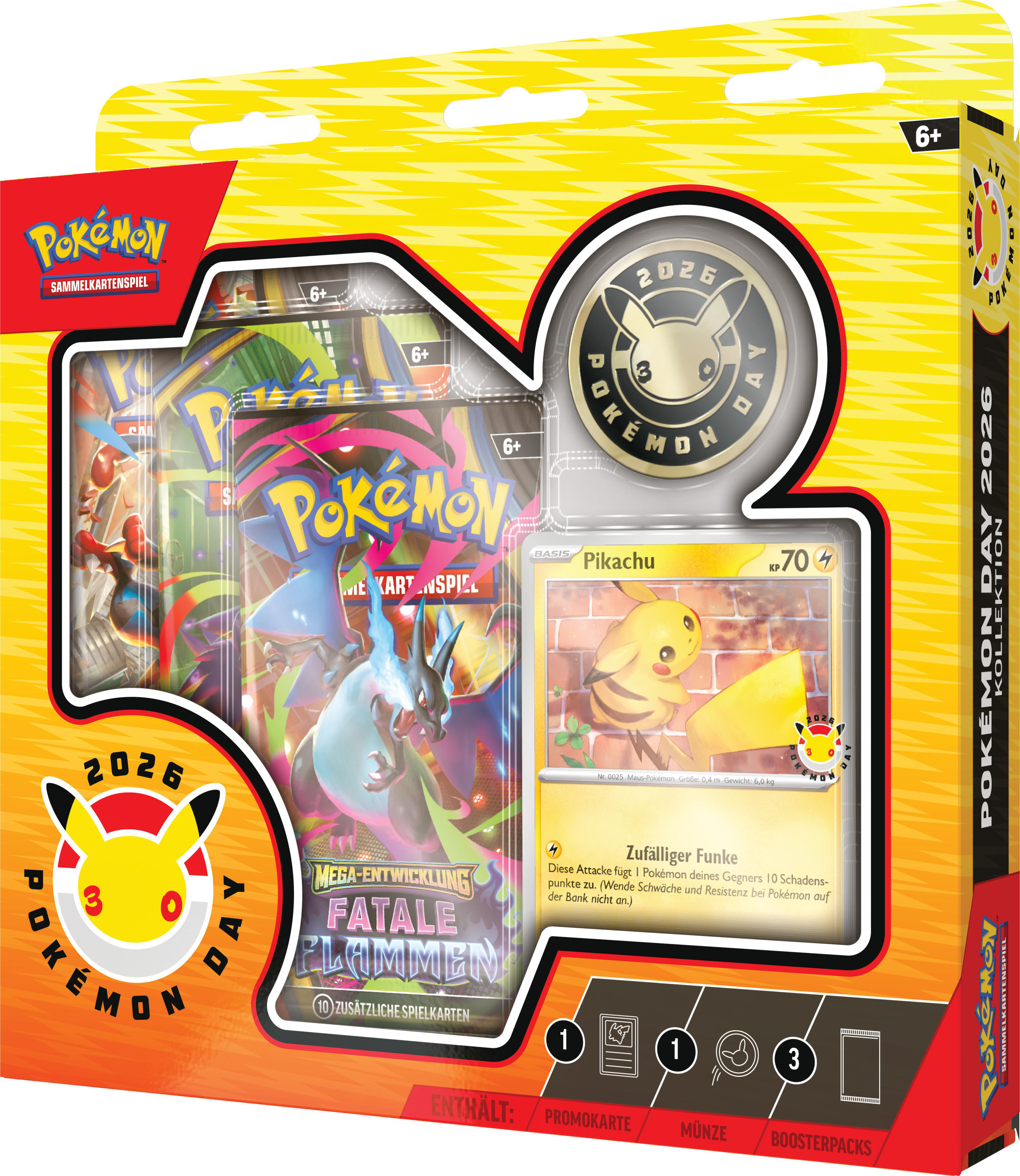 Ein Pokemon Day 2026 Box-Set mit Karten, Pikachu-Karte, Münze und Booster-Packs. Die Box ist gelb und rot.