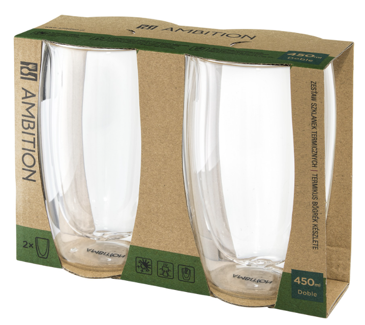 Dwa przezroczyste szklanki w kartonowym pudełku. Na pudełku nadrukowano nazwę marki i szczegóły produktu.