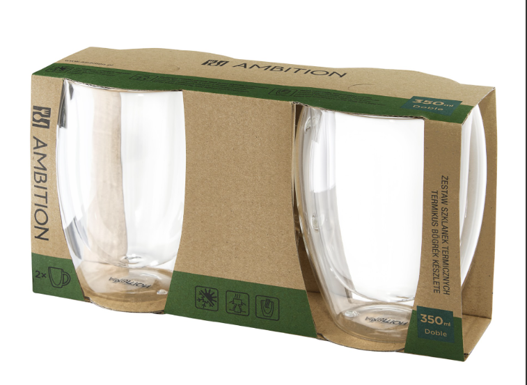 Dwa przezroczyste kubki szklane z podwójnymi ściankami w kartonowym pudełku. Na pudełku logo 'Ambition' i polski tekst.