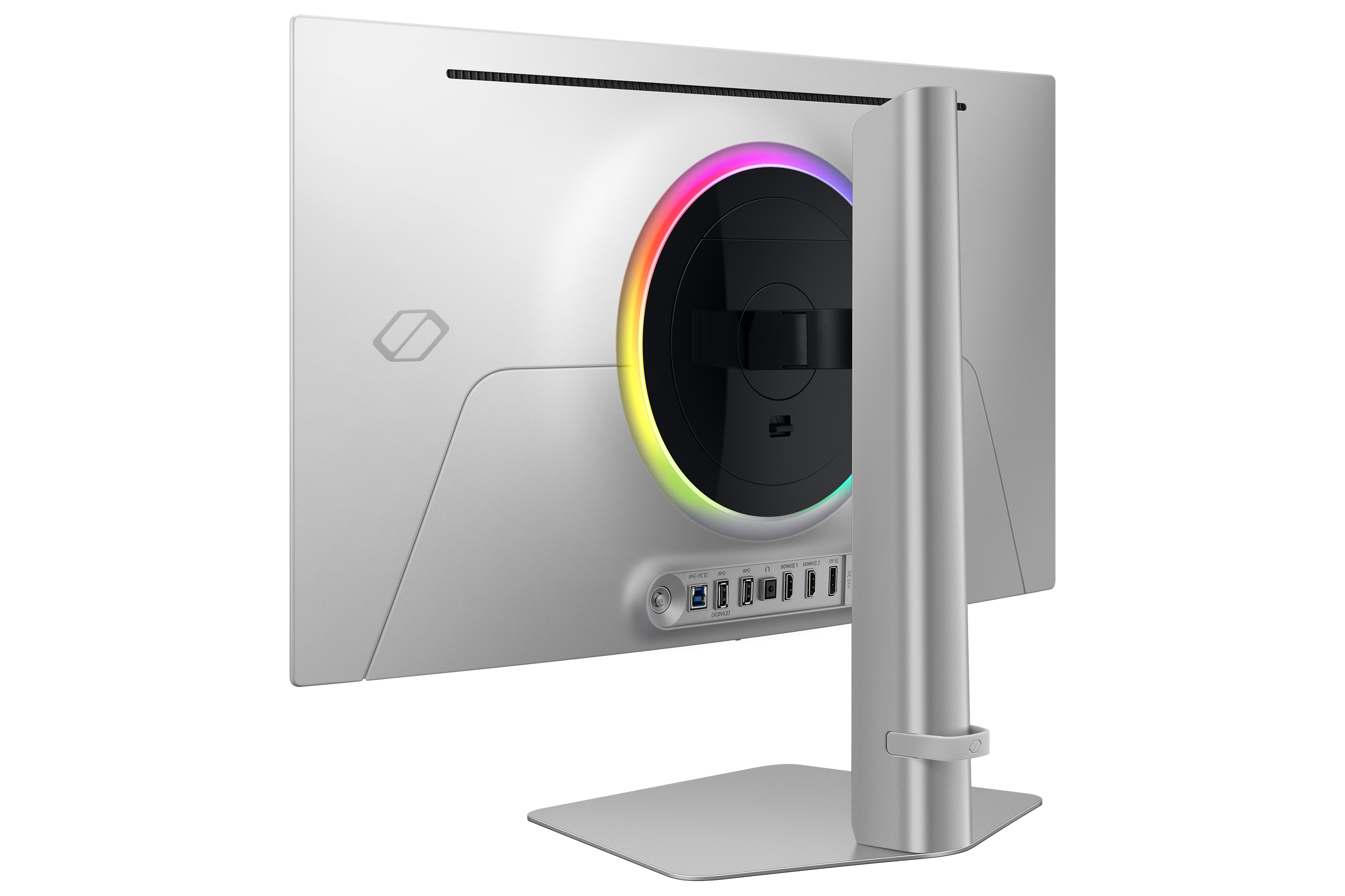 Tył srebrnego monitora z tęczowym pierścieniem świetlnym. Widoczne porty i stojak.