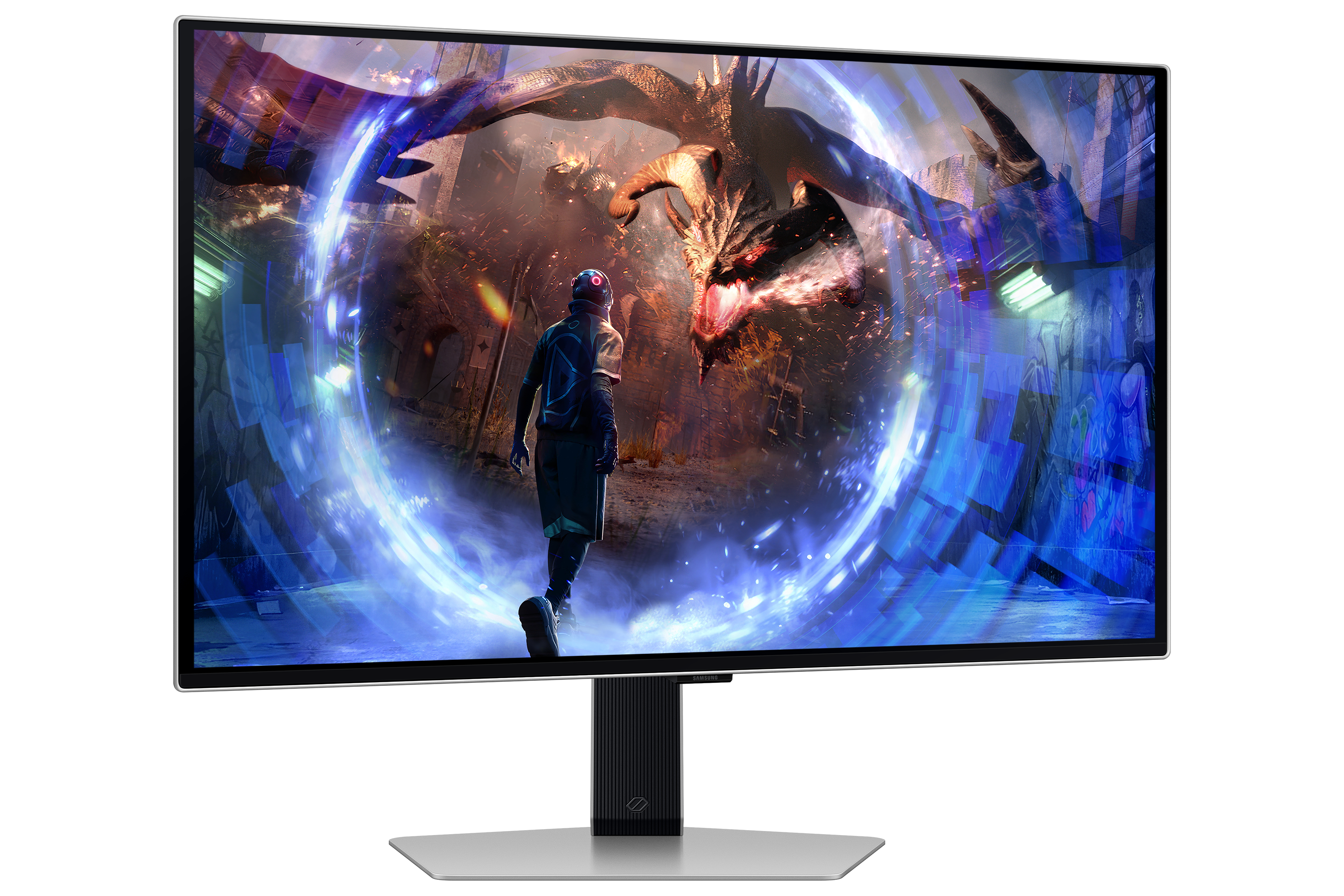 Monitor wyświetla scenę fantasy: postać stojąca naprzeciw smoka w świecącym portalu.