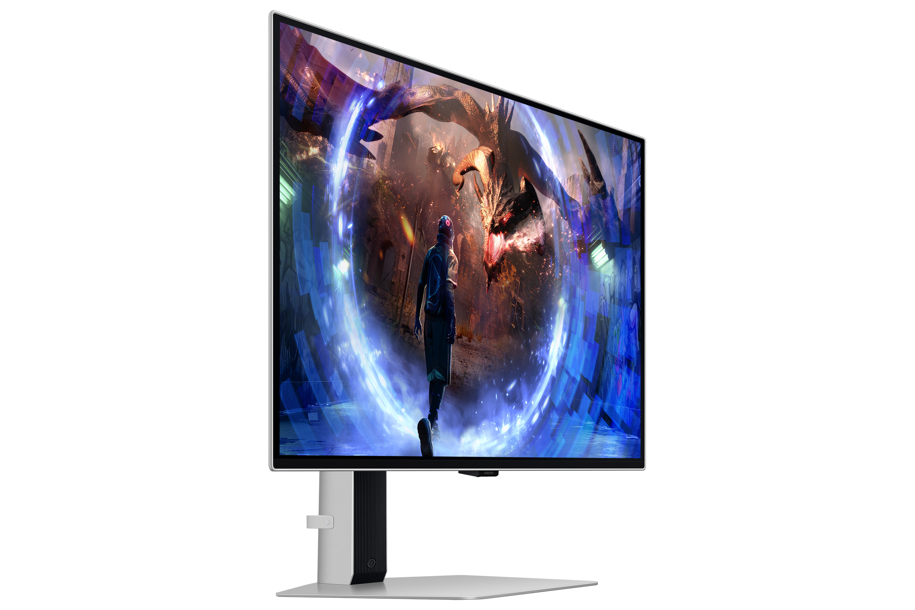 Monitor wyświetlający scenę z gry. Postać stoi naprzeciwko smoka. Ekran jest na czarnym tle.