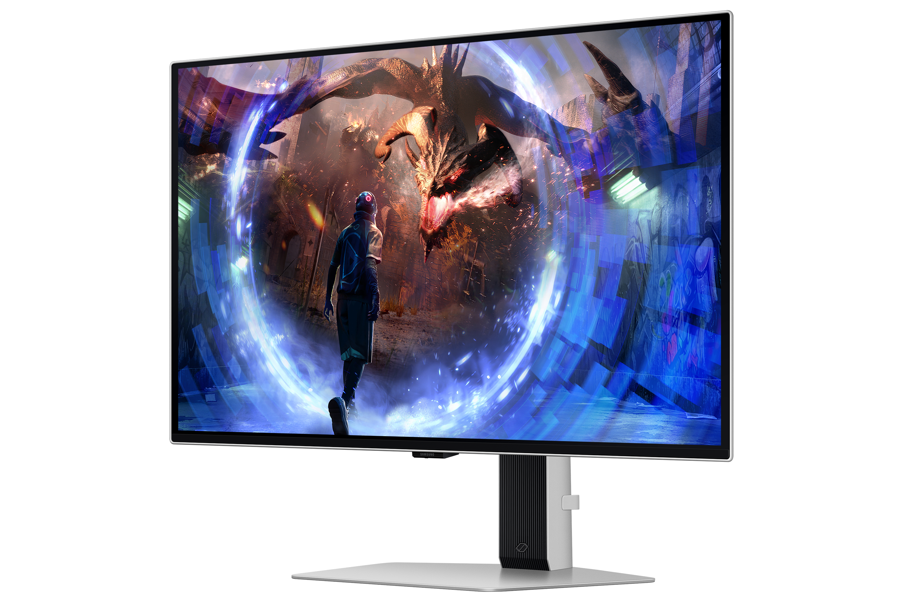 Monitor wyświetla fantastyczną scenę osoby stojącej naprzeciw smoka. Niebieska energia otacza postacie.