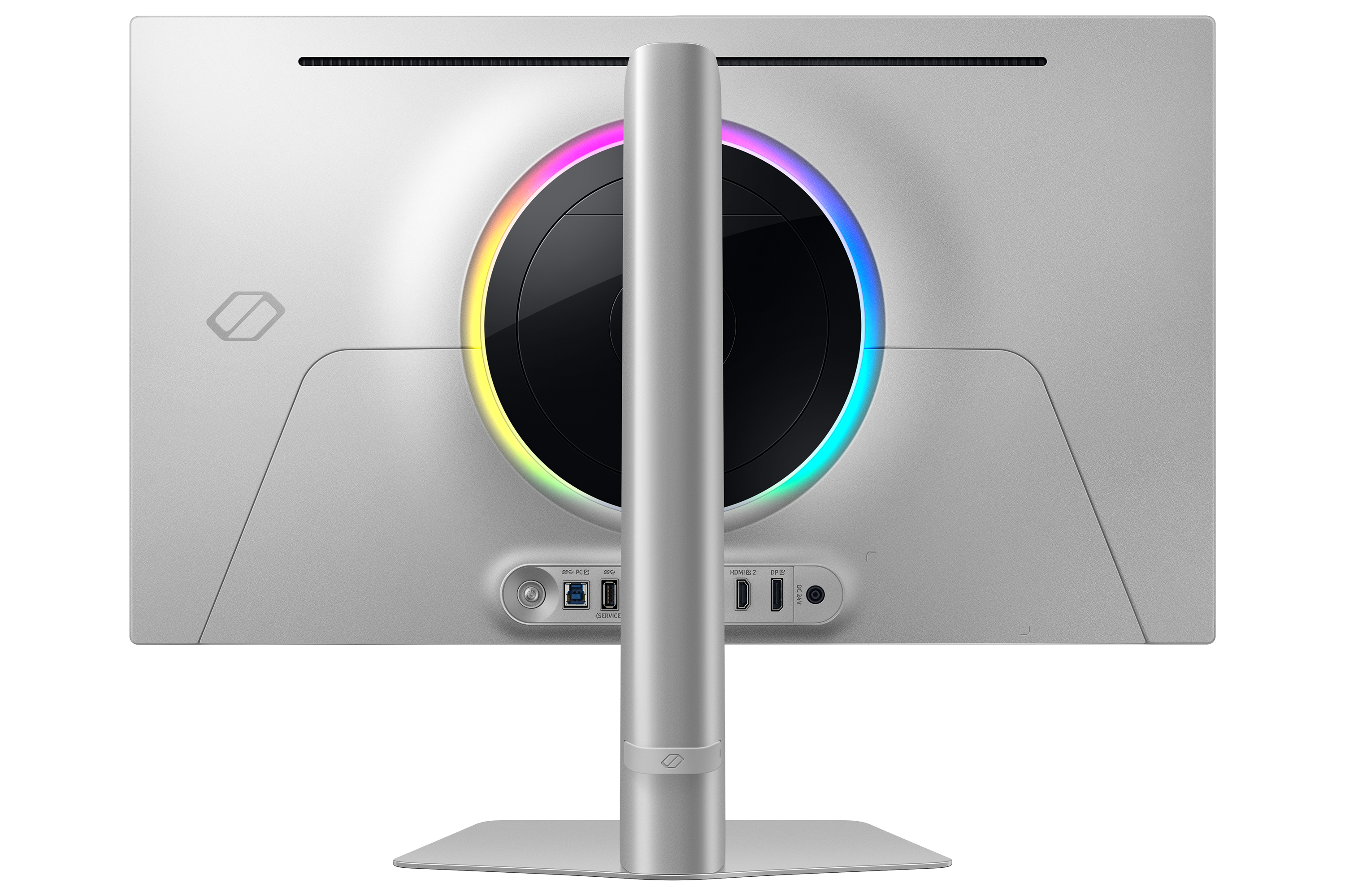 Tył srebrnego monitora komputerowego. Posiada okrągłe światło LED, porty i podstawkę.