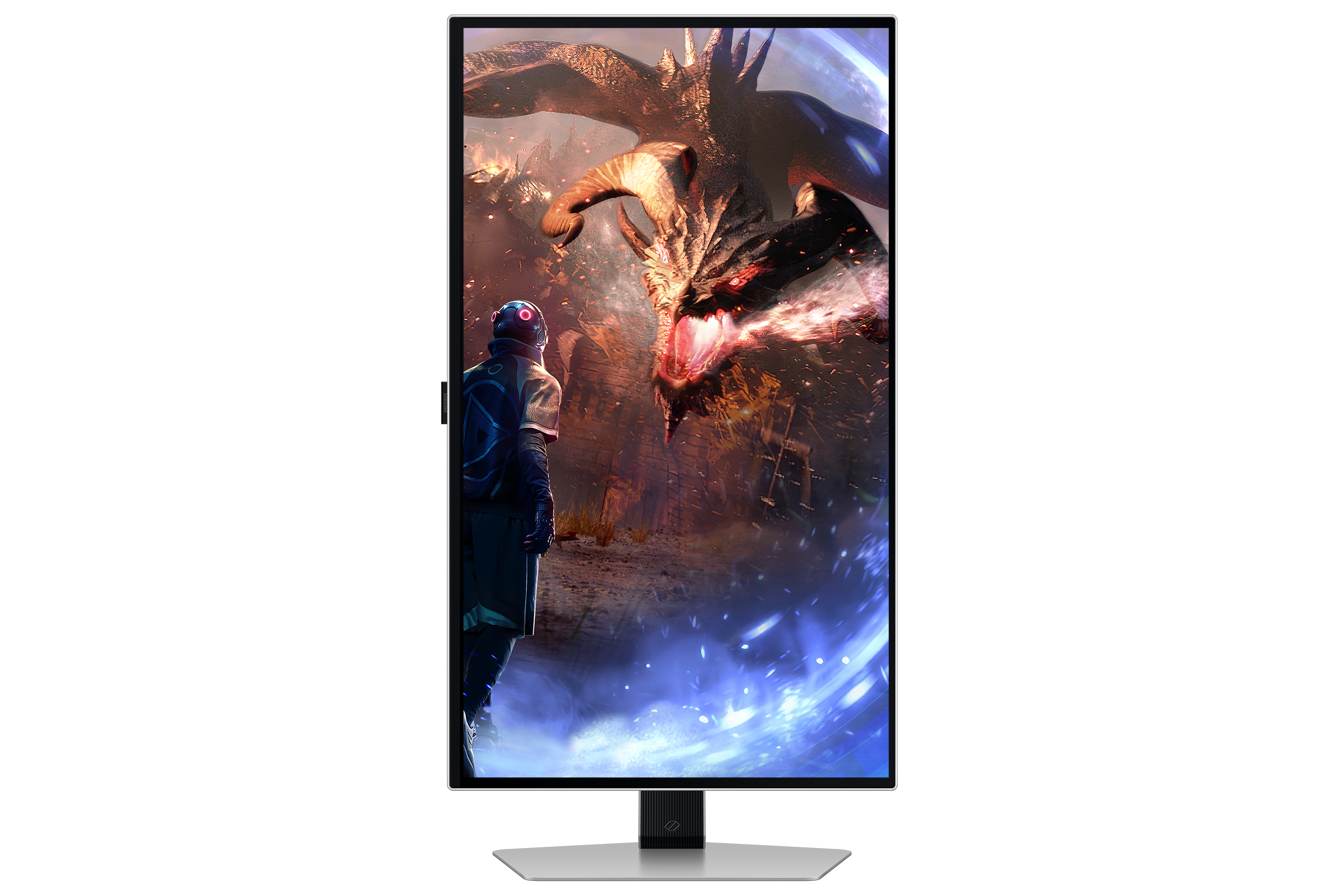 Osoba w futurystycznym kombinezonie staje naprzeciw smoka. Smok zionie ogniem. Scena wyświetlana jest na monitorze.