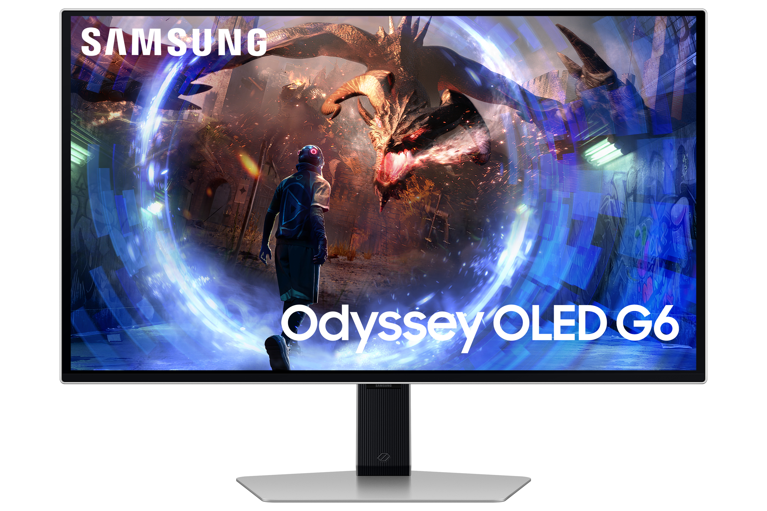 Monitor Samsung Odyssey OLED G6 prezentujący futurystyczną scenę. Postać stoi naprzeciw smoka w ognistym otoczeniu.