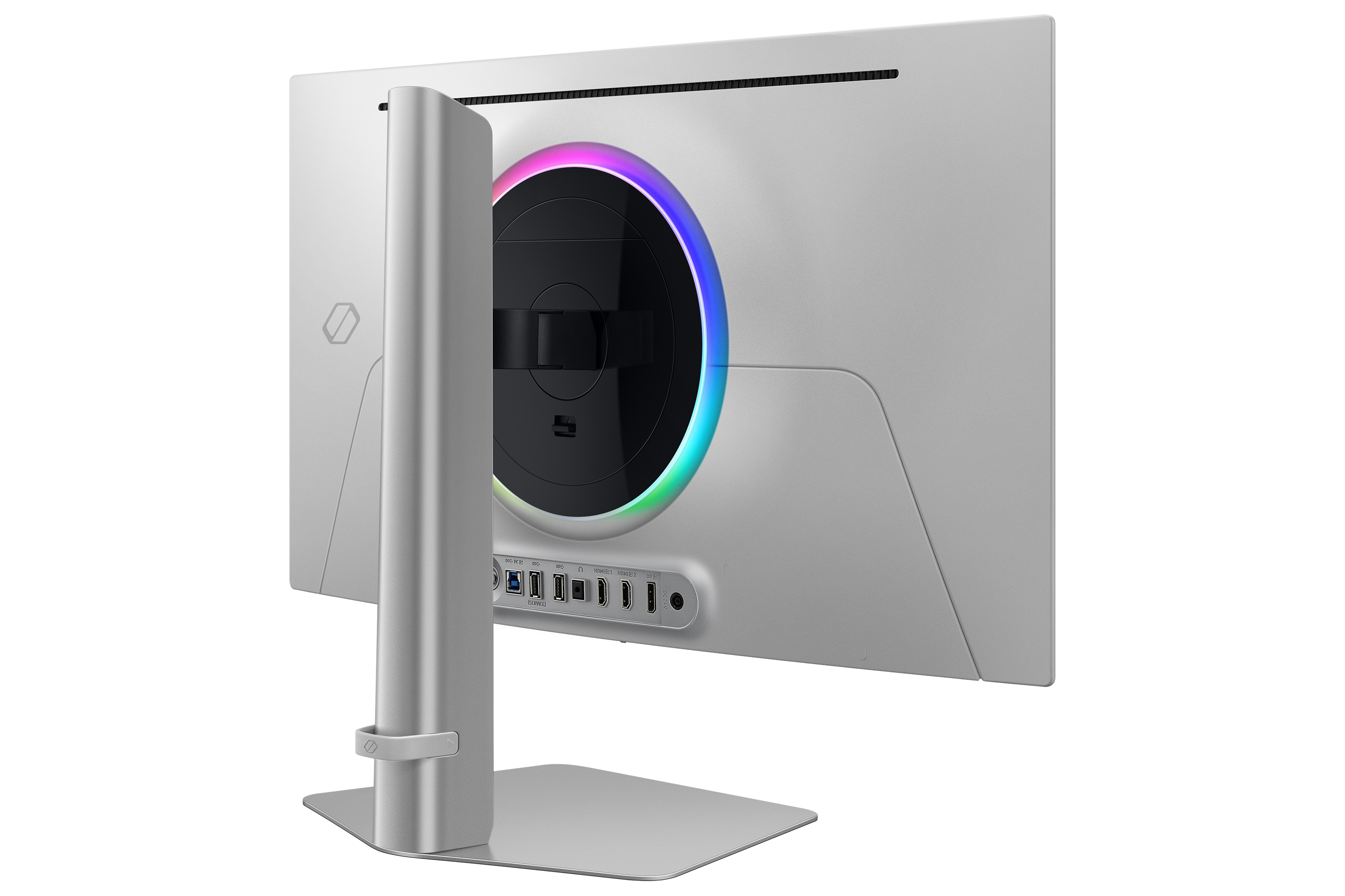 Srebrny monitor z czarnym tyłem. Posiada kolorowy pierścień świetlny, różne porty i podstawkę.