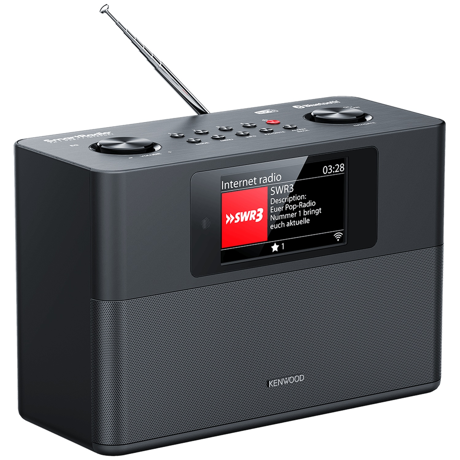 A black Kenwood radio with a screen showing 'SWR3'. It has a retractable antenna and buttons for control. The time is 03:28.