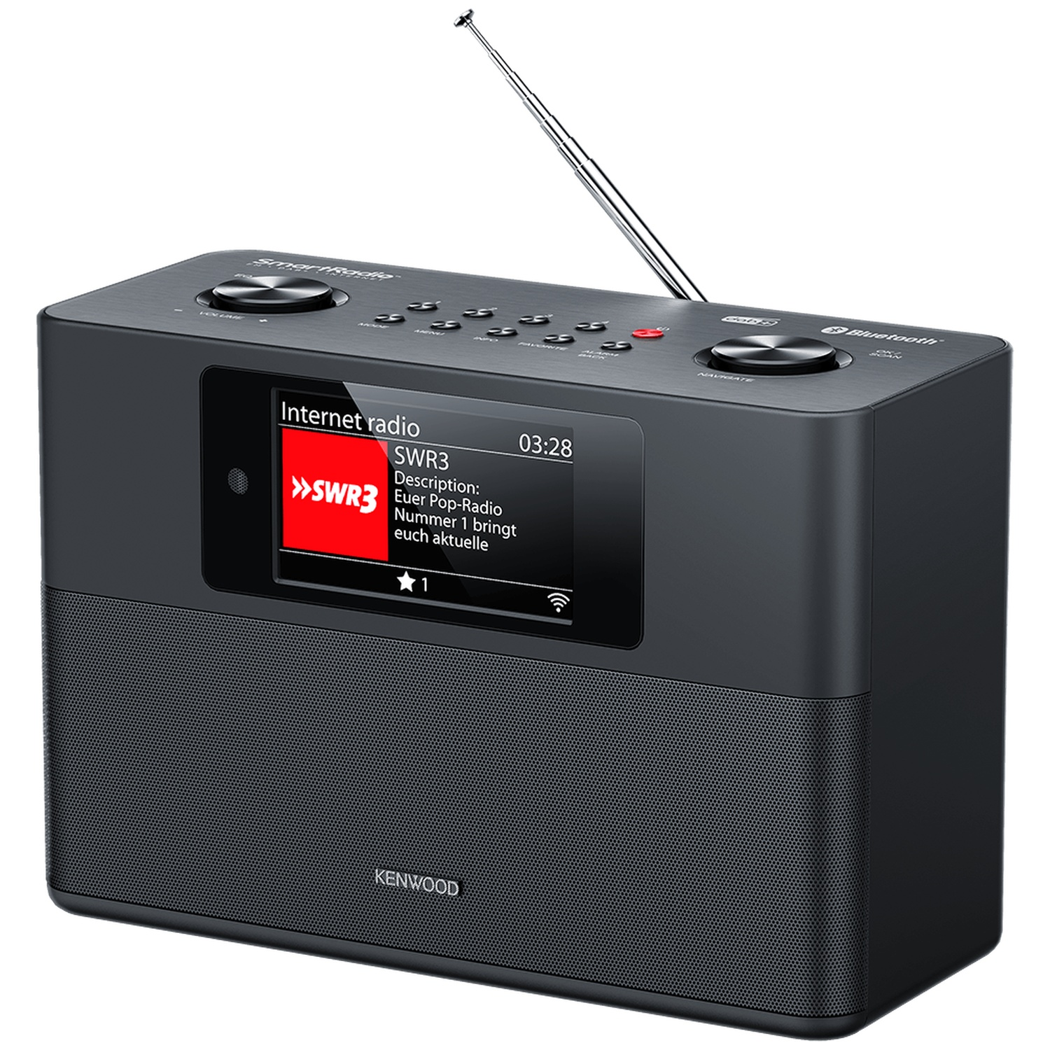 A black Kenwood internet radio with a screen displaying a radio station. It has an antenna and control buttons.