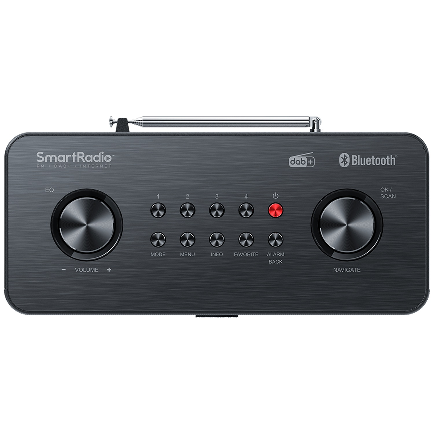 A black SmartRadio with buttons, knobs, and a retractable antenna. Features include Bluetooth, DAB+, and volume controls.