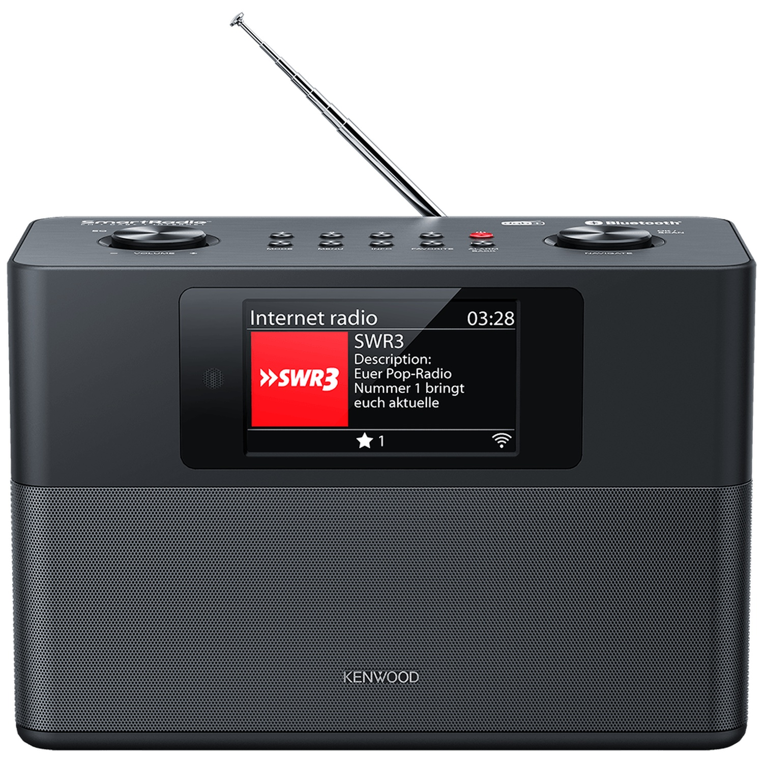 A black Kenwood internet radio with a screen displaying SWR3. It has a retractable antenna and control buttons.