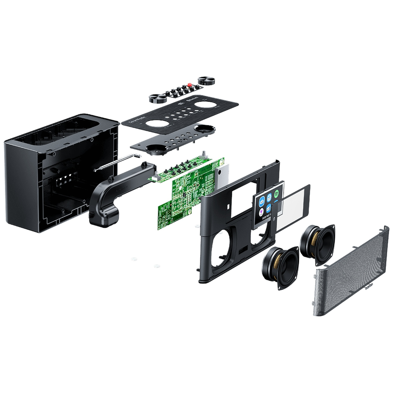 Exploded view of a black speaker. Components include a PCB, screen, speakers, and a control panel, all separated.