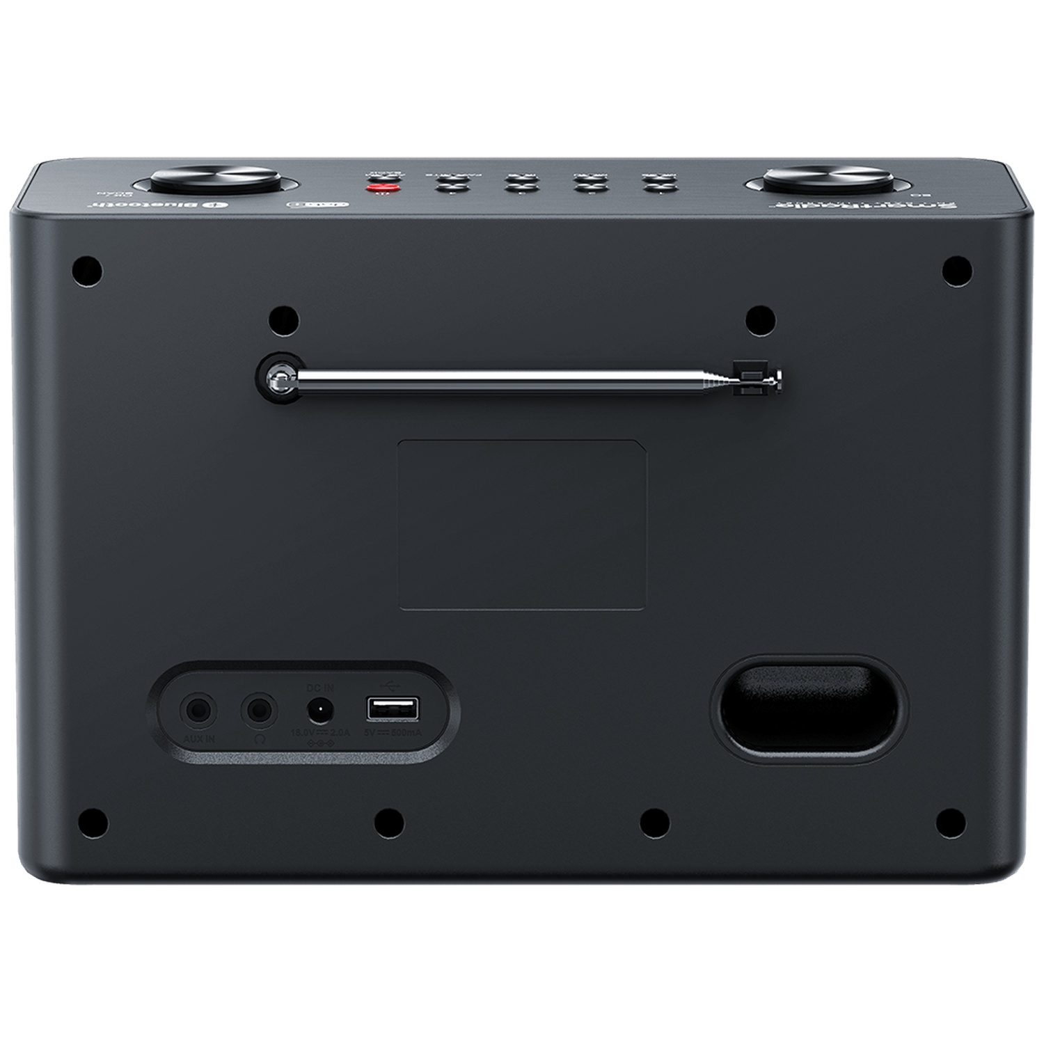 Black radio with buttons, antenna, and ports. Top has knobs and buttons. Rear has aux, USB, and DC ports.