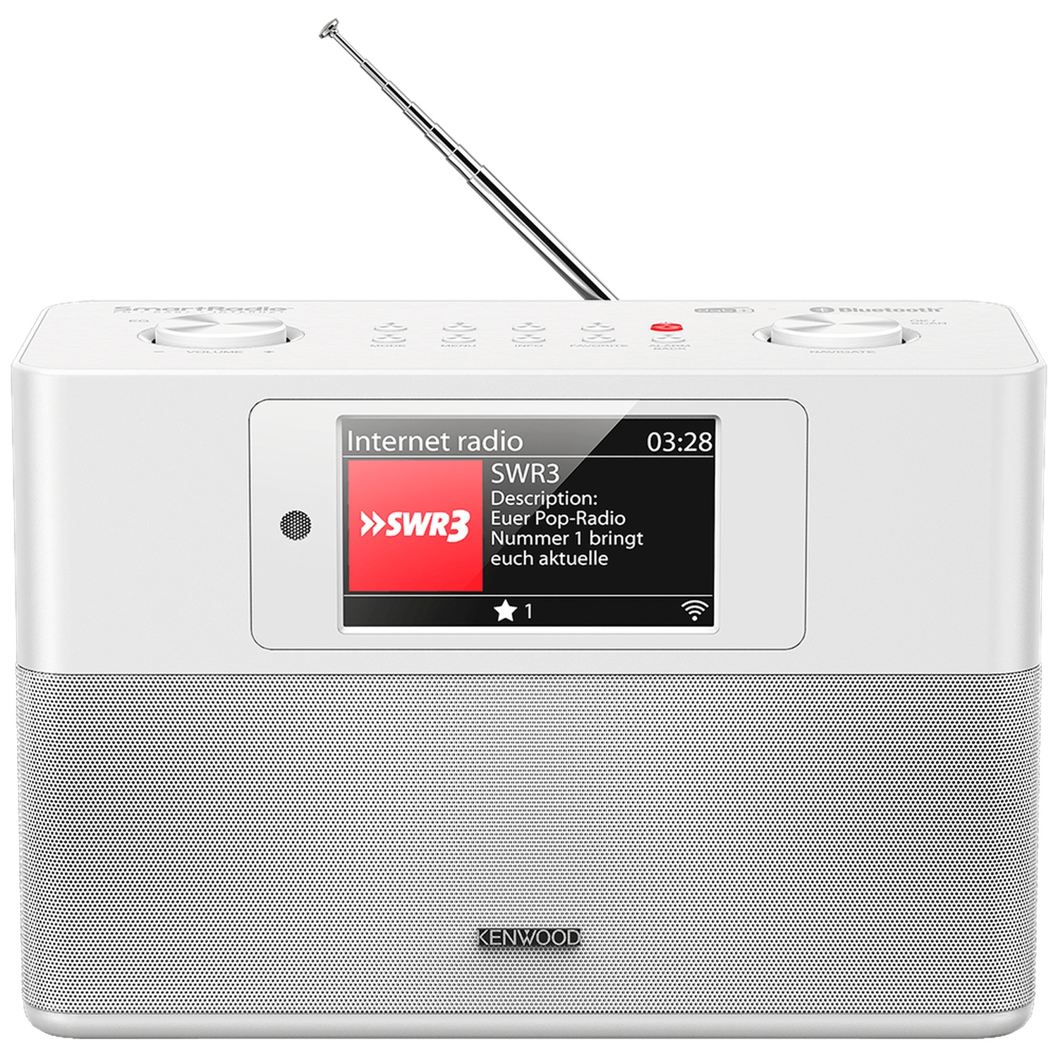 Witte Kenwood internetradio met een scherm dat SWR3 weergeeft. Het heeft een intrekbare antenne en verschillende knoppen.