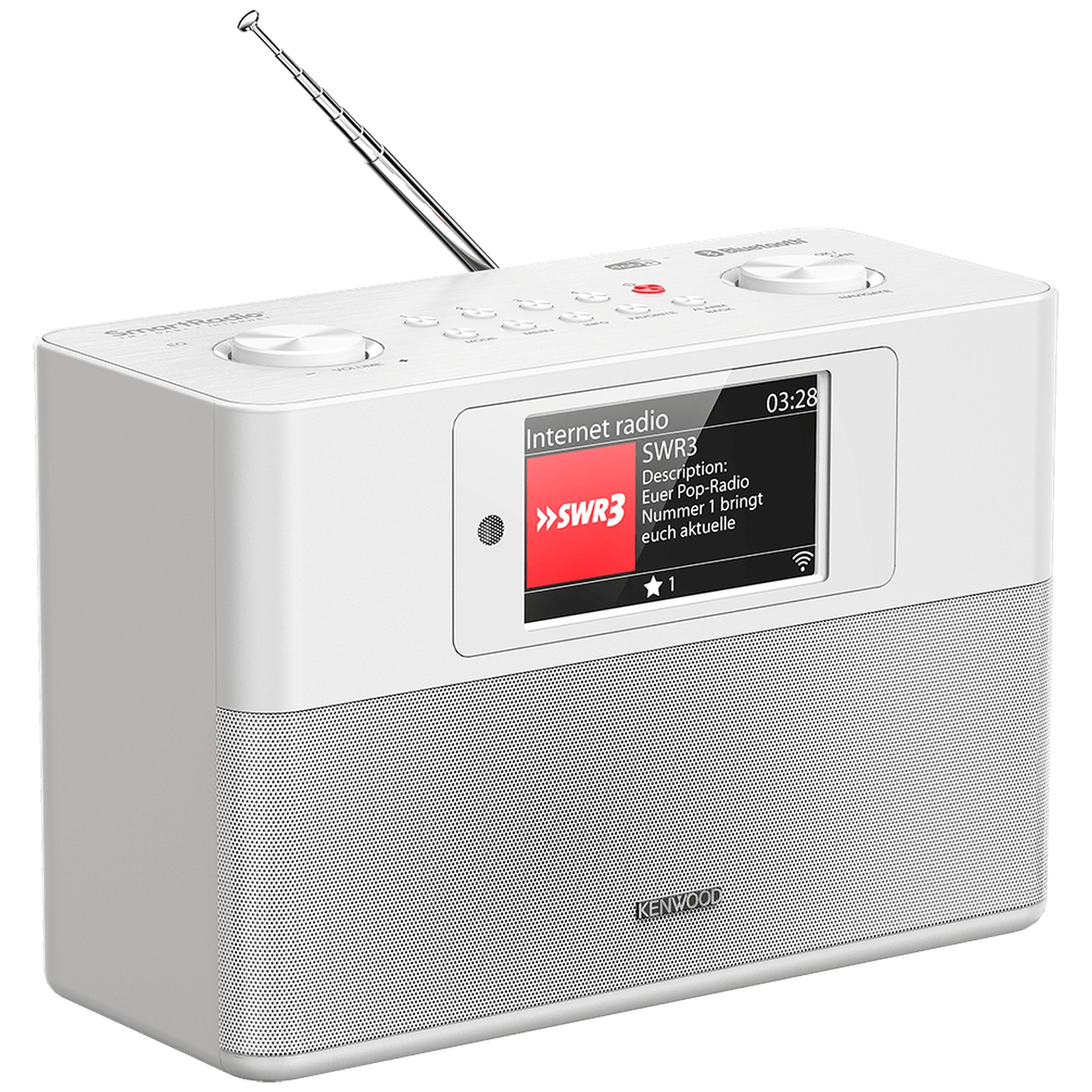 Een witte Kenwood SmartRadio met een scherm met SWR3 radio-informatie, uitgeschoven antenne en knoppen bovenop.