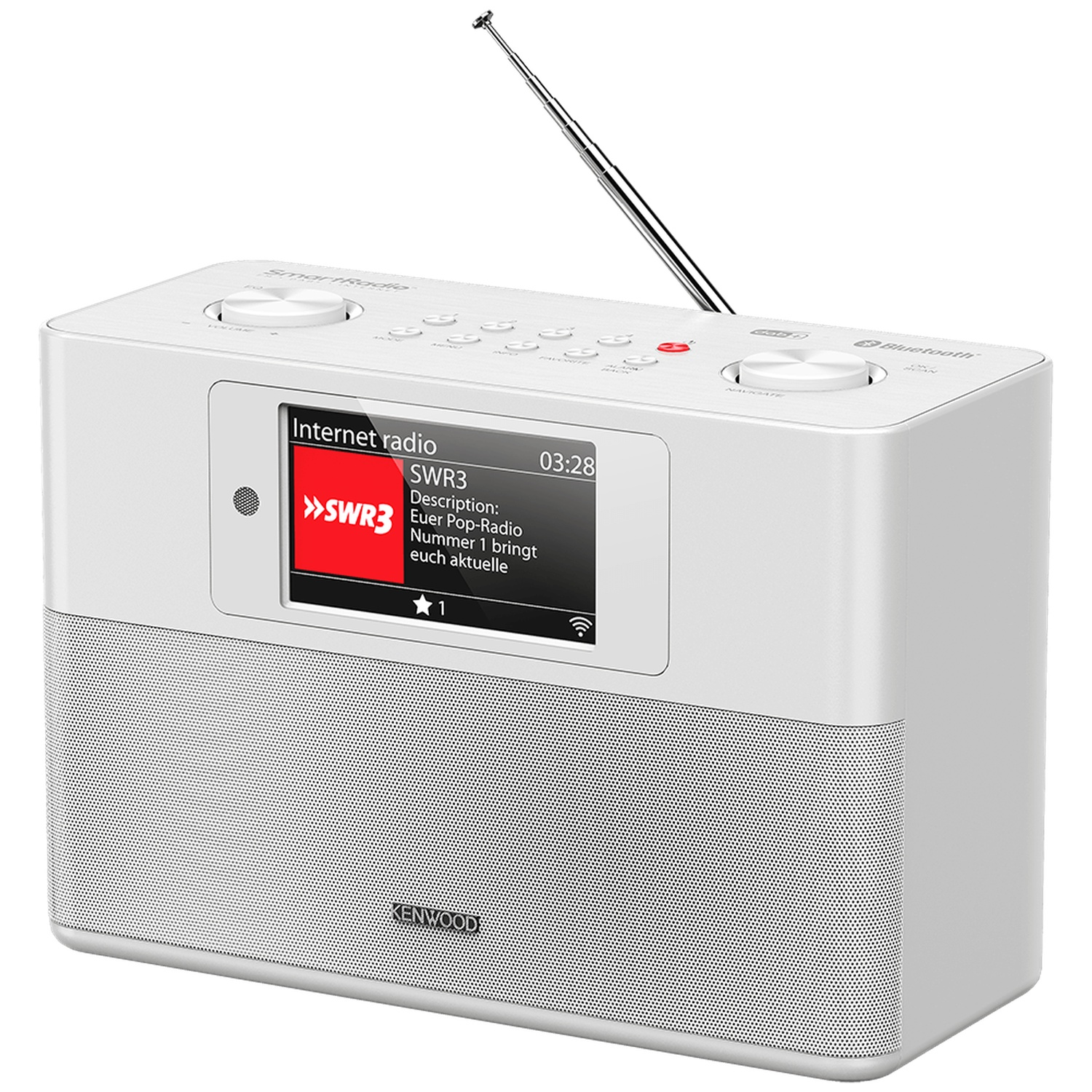 Een witte Kenwood internetradio met een scherm dat radio-informatie weergeeft, een antenne en bedieningsknoppen. De achtergrond is wit.