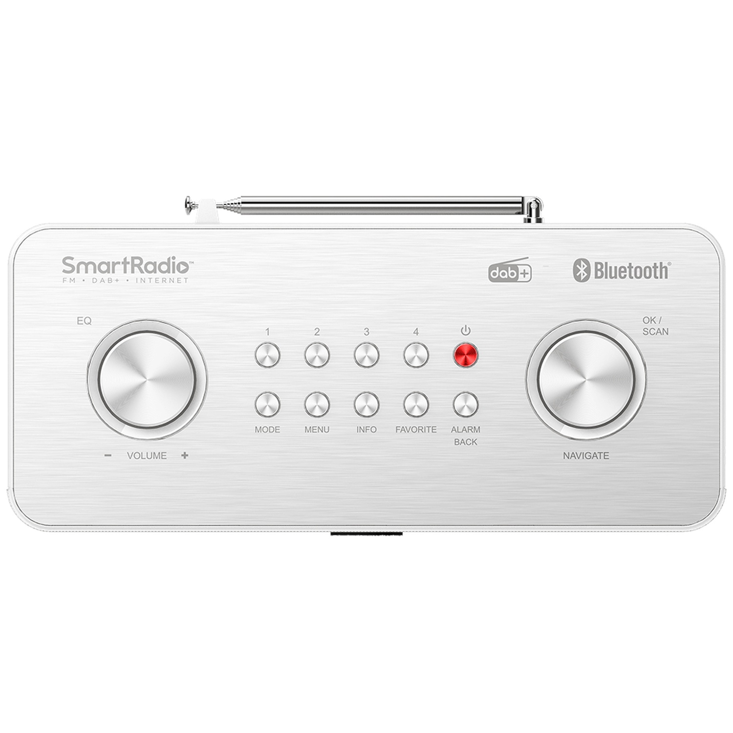 Een zilveren SmartRadio met knoppen, draaiknoppen en een intrekbare antenne. Het heeft Bluetooth en DAB+. De radio is wit.