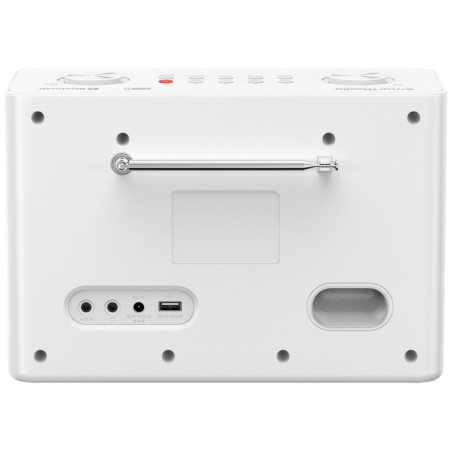 Witte radio met knoppen, antenne en poorten. Inclusief aux-in, DC-in en USB-poorten. Heeft een luidspreker en een handvat.