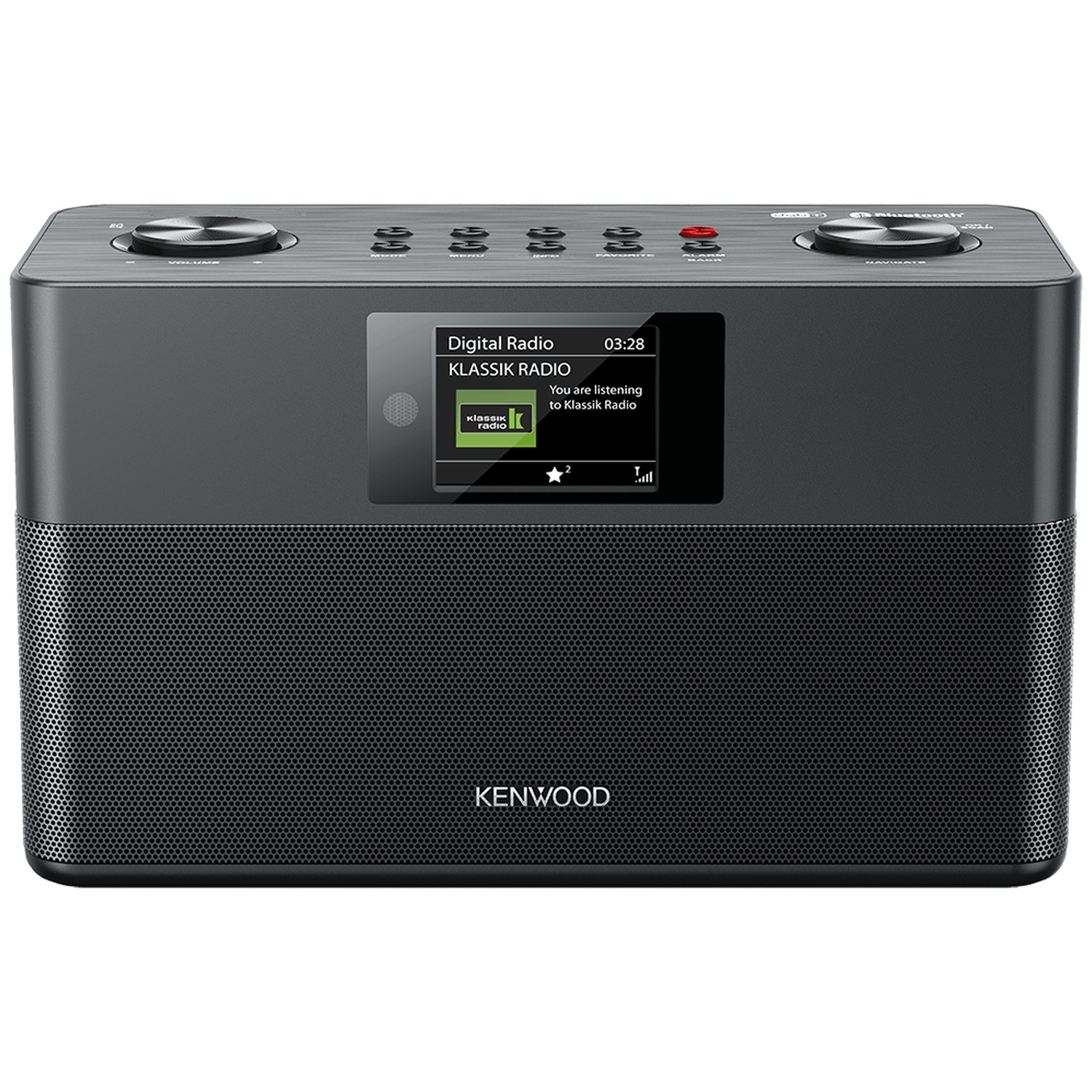 A black Kenwood digital radio with a screen displaying Klassik Radio. Buttons and knobs are on the top. Bluetooth logo visible.
