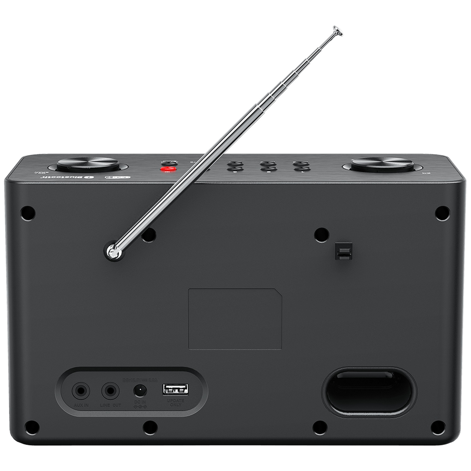 A black radio with a silver antenna, buttons, and ports. The radio has a speaker and a USB port. AUX and line out ports are visible.