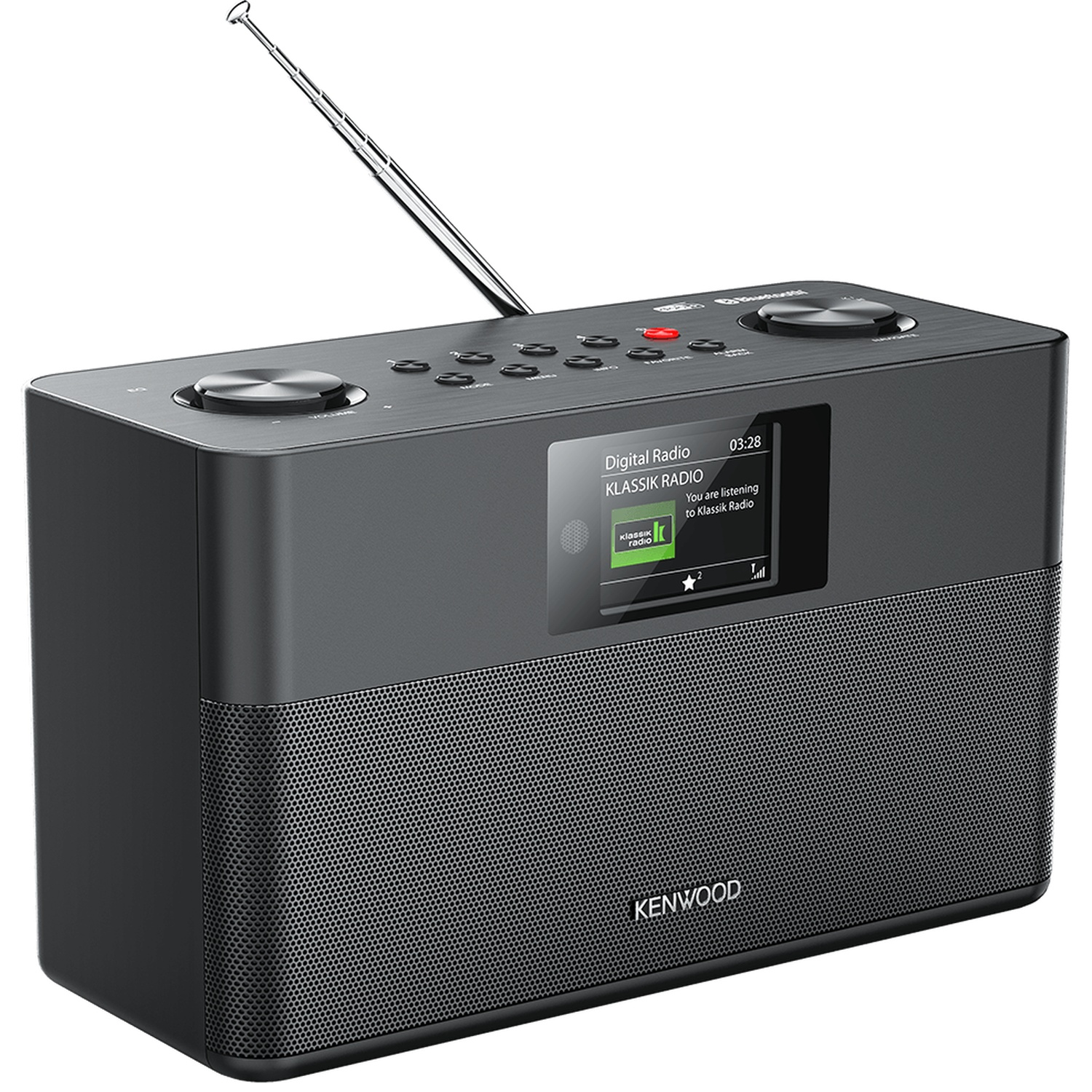 A black Kenwood digital radio with antenna, display showing Klassik Radio, and control knobs. Speaker grill at the bottom.