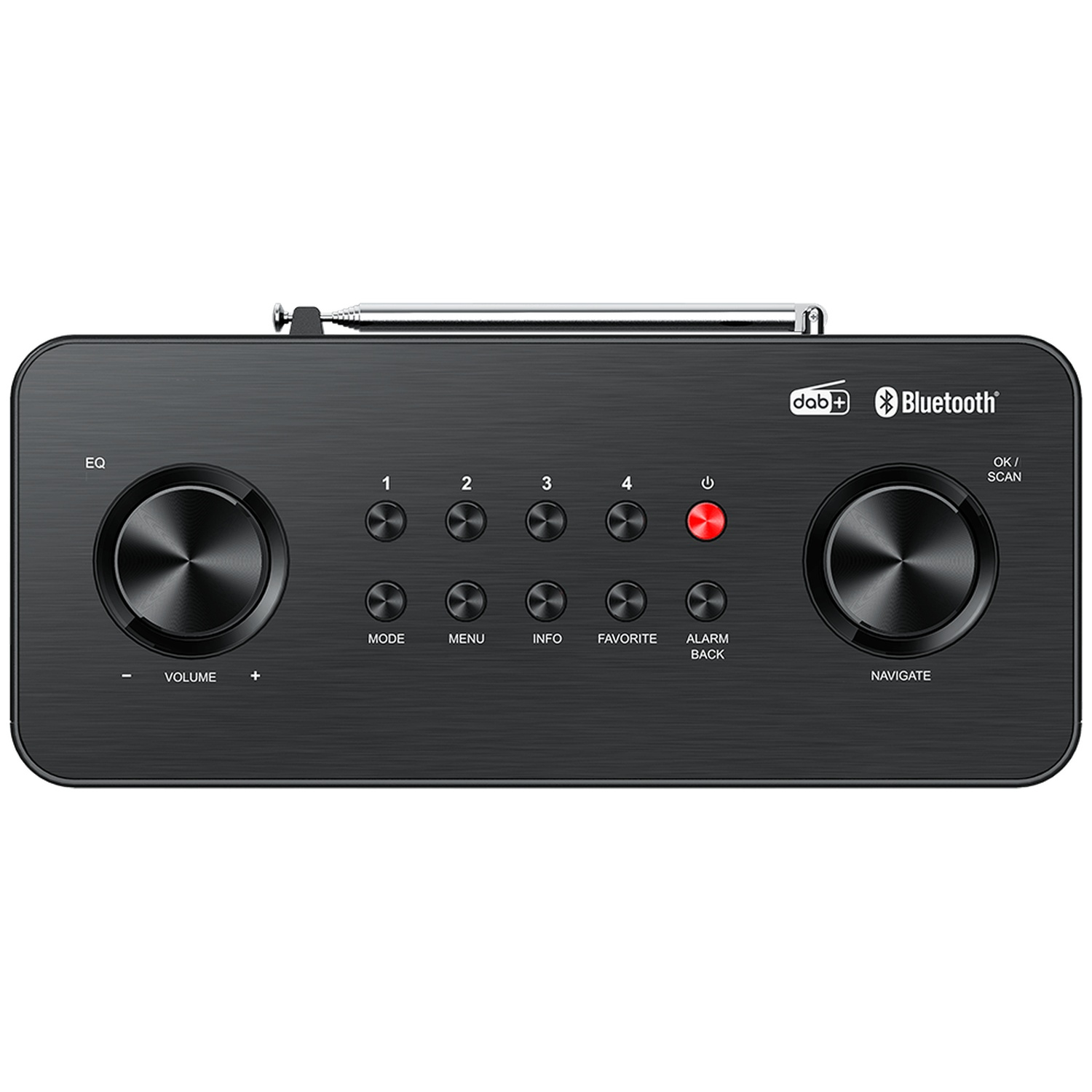 A black radio with buttons and dials. It has a volume control, preset buttons, and a power button. The radio has DAB and Bluetooth.