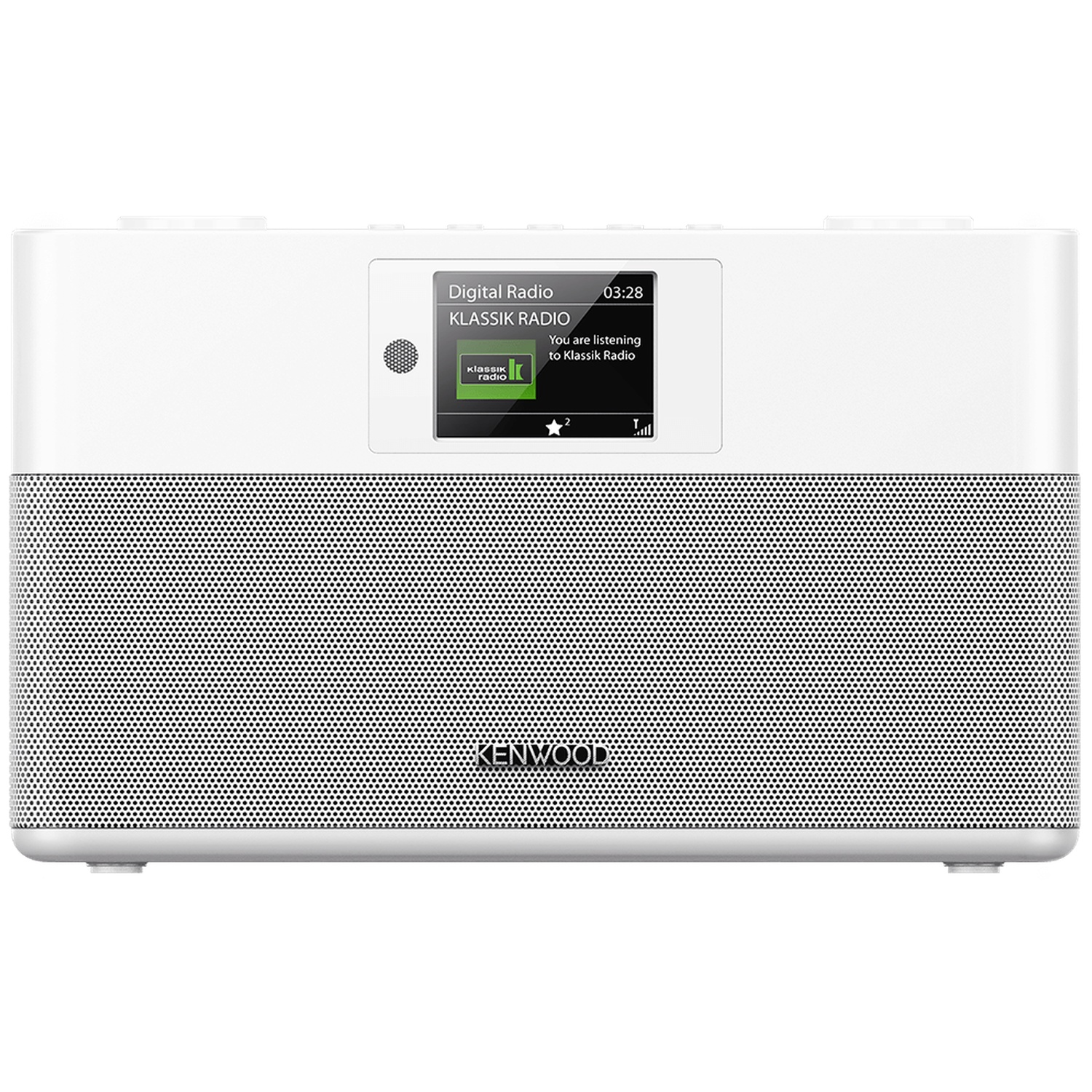 A white Kenwood digital radio with a screen displaying 'Klassik Radio'. The screen shows the time and signal strength.