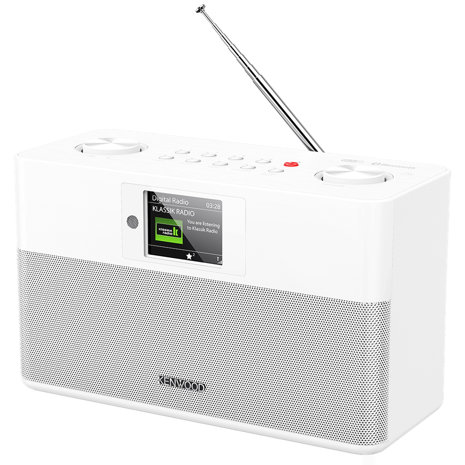 A white Kenwood digital radio with a screen displaying Klassik Radio. It has a retractable antenna and a speaker grill.