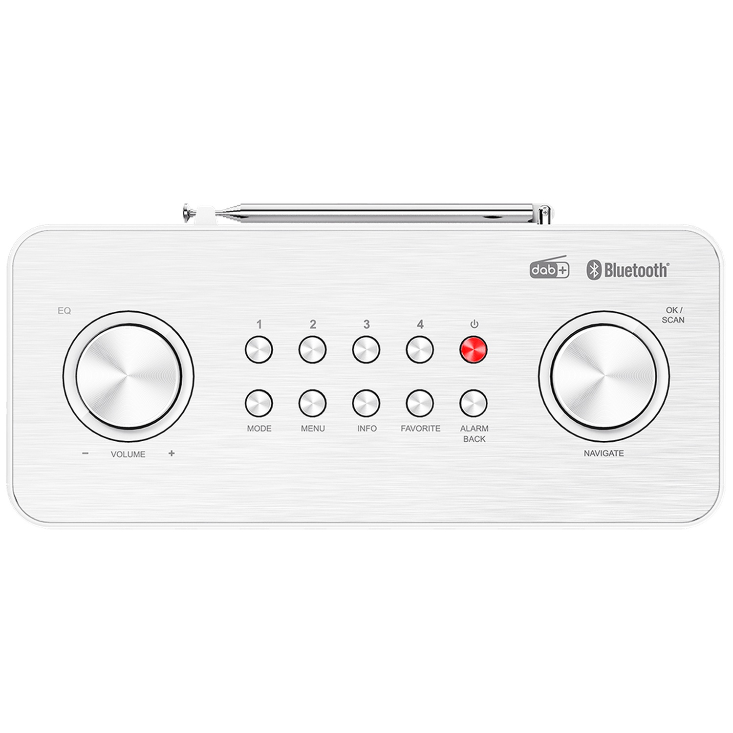 White radio with metallic knobs and buttons. Features DAB+, Bluetooth, volume, and navigation controls. Antenna extends from top.