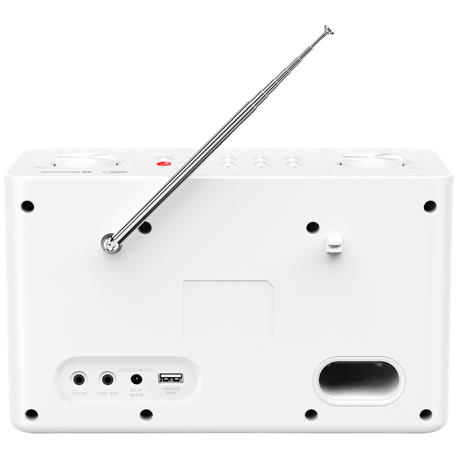 A white radio with an antenna, buttons, and input ports. It has a speaker and a USB port. The antenna is extended.