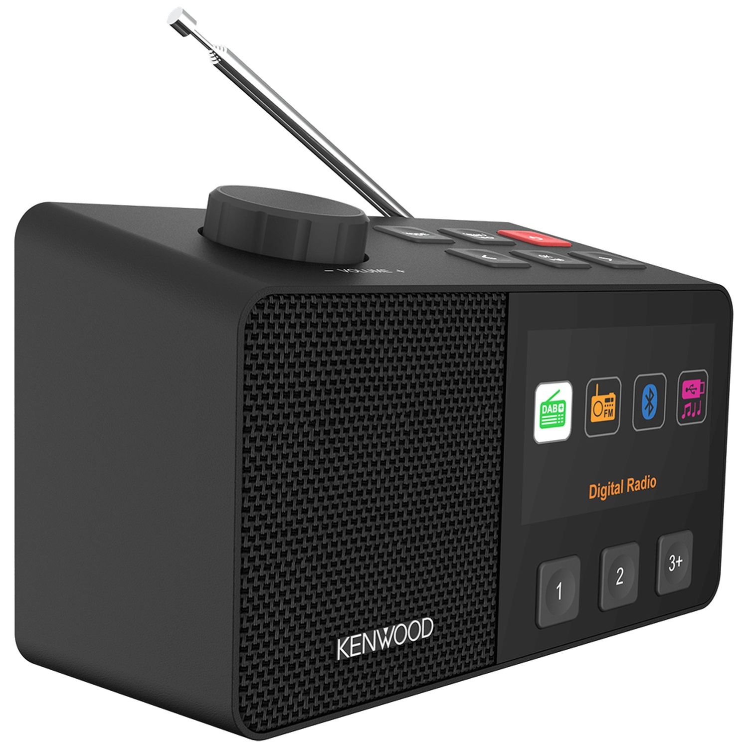 Black Kenwood digital radio. It has buttons, a screen with icons, a volume knob, and an antenna. The brand name is visible.
